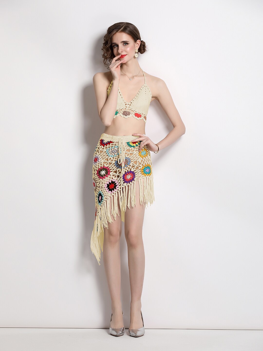 

JC Collection Self Design Top with Skirt, Beige