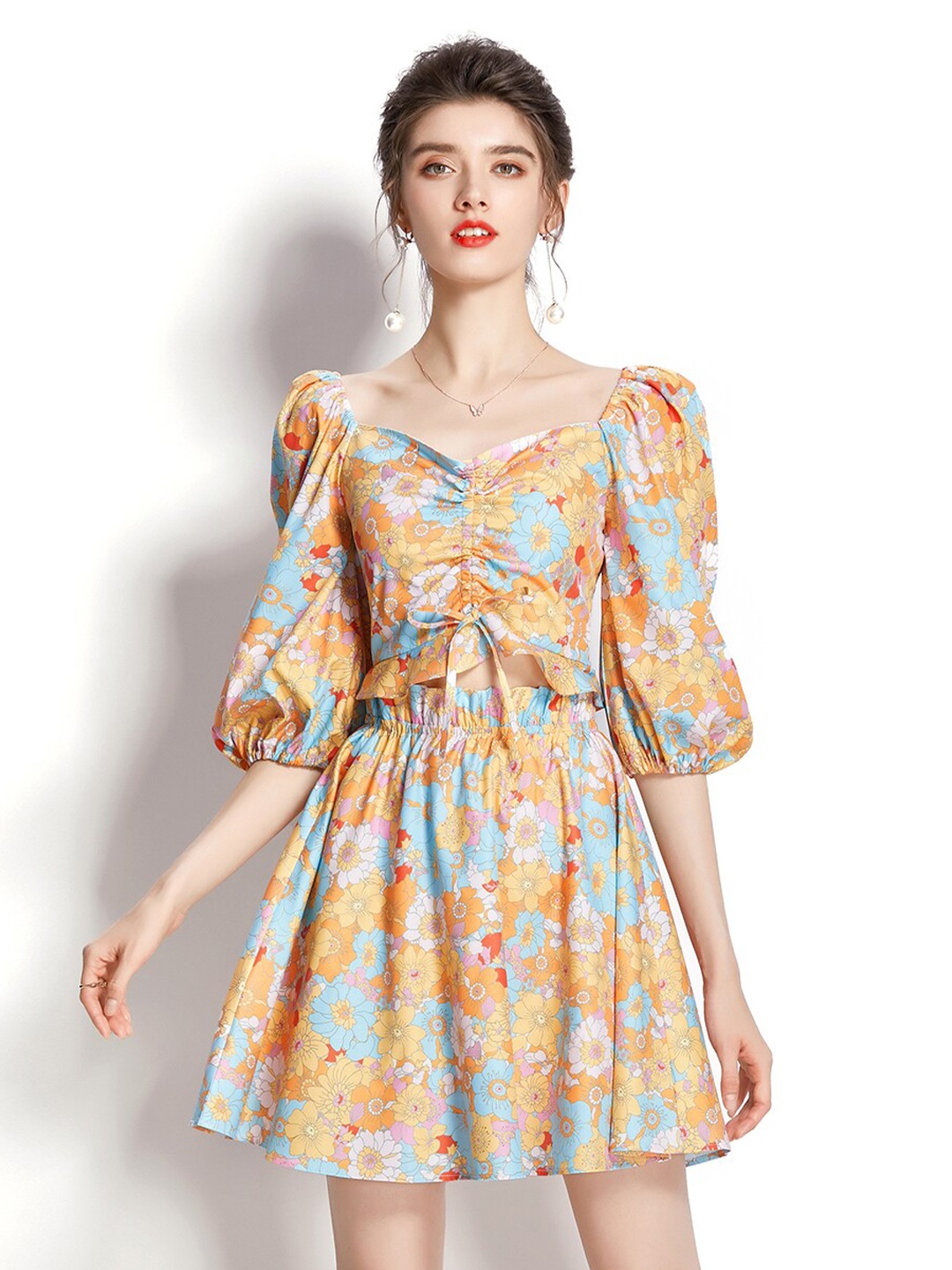 

JC Collection Floral Printed Sweetheart Neck Puff Sleeves Crop Top With Skirt Co-Ords, Orange