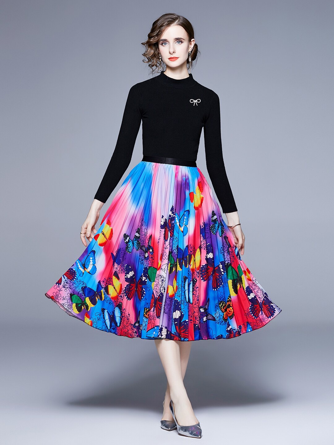 

JC Collection Women Printed Round Neck Top With Skirt, Blue
