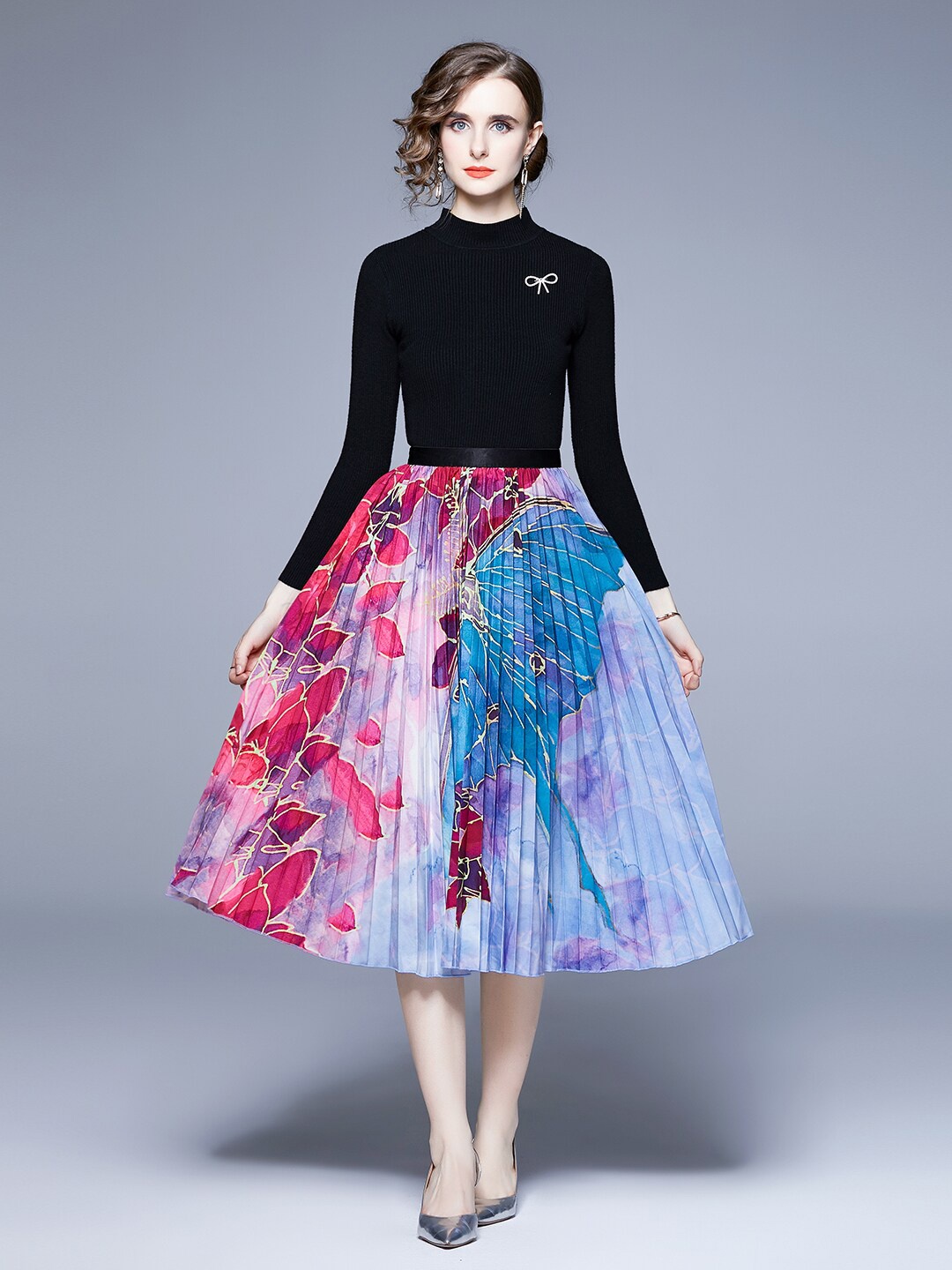 

JC Collection High Neck Long Sleeves Top with Skirt Co-Ords, Black