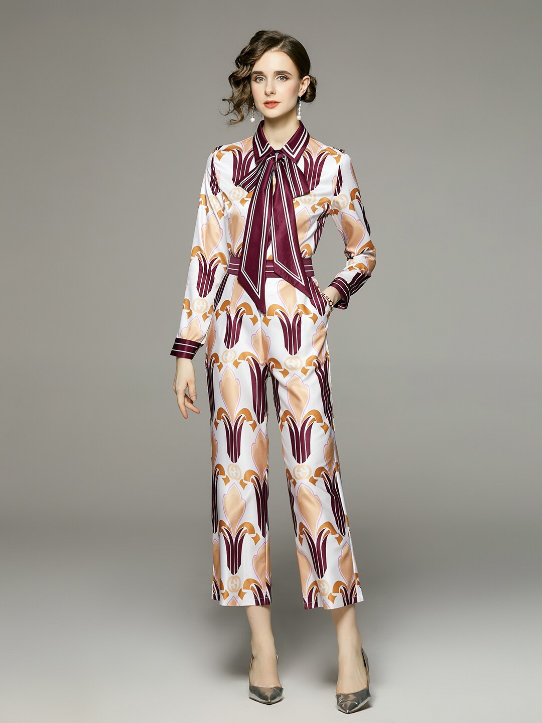 

JC Collection Printed Long Sleeves Shirt with Trousers Co-Ords, White