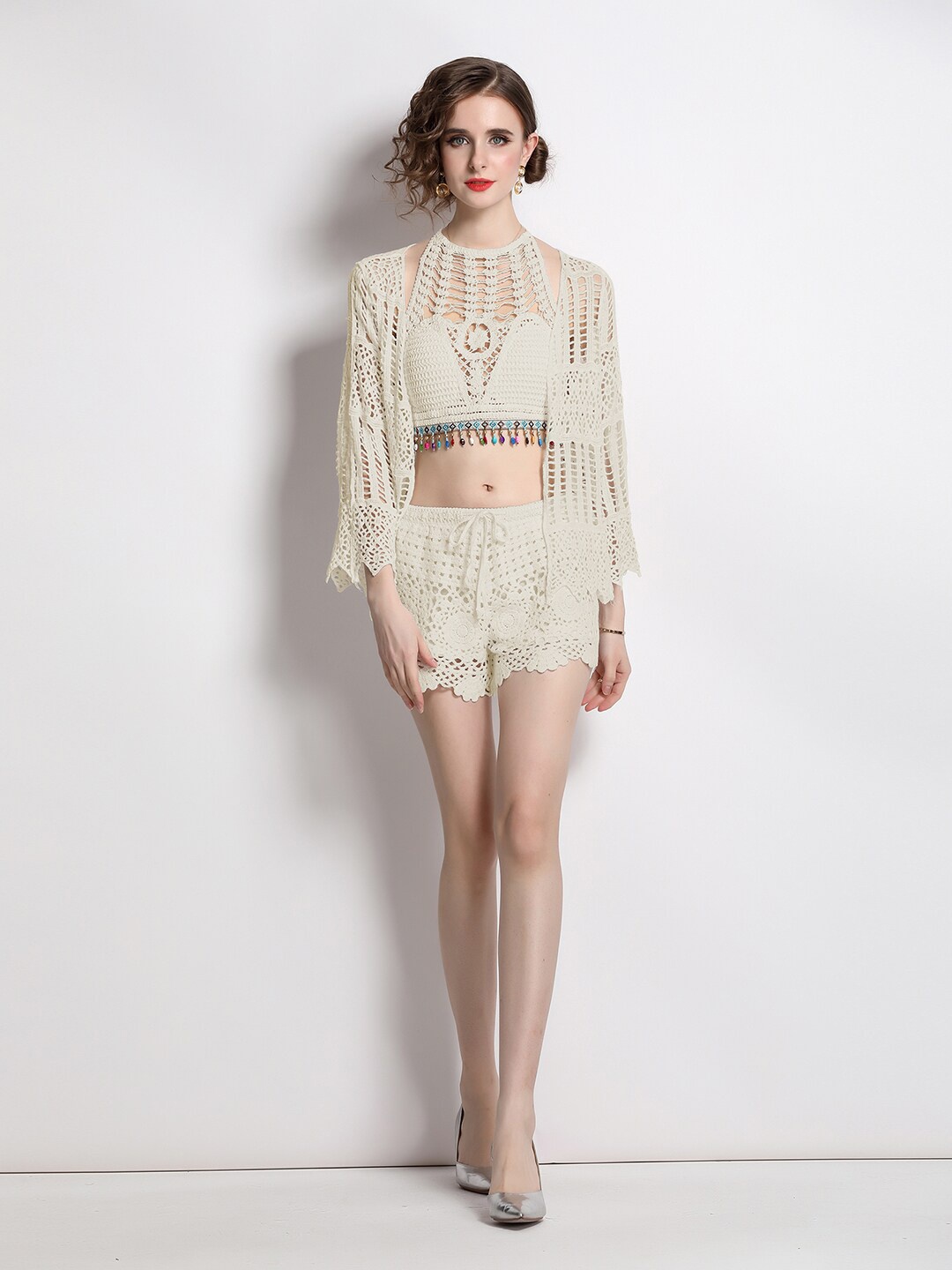 

JC Collection Self Design Top with Shorts, Beige