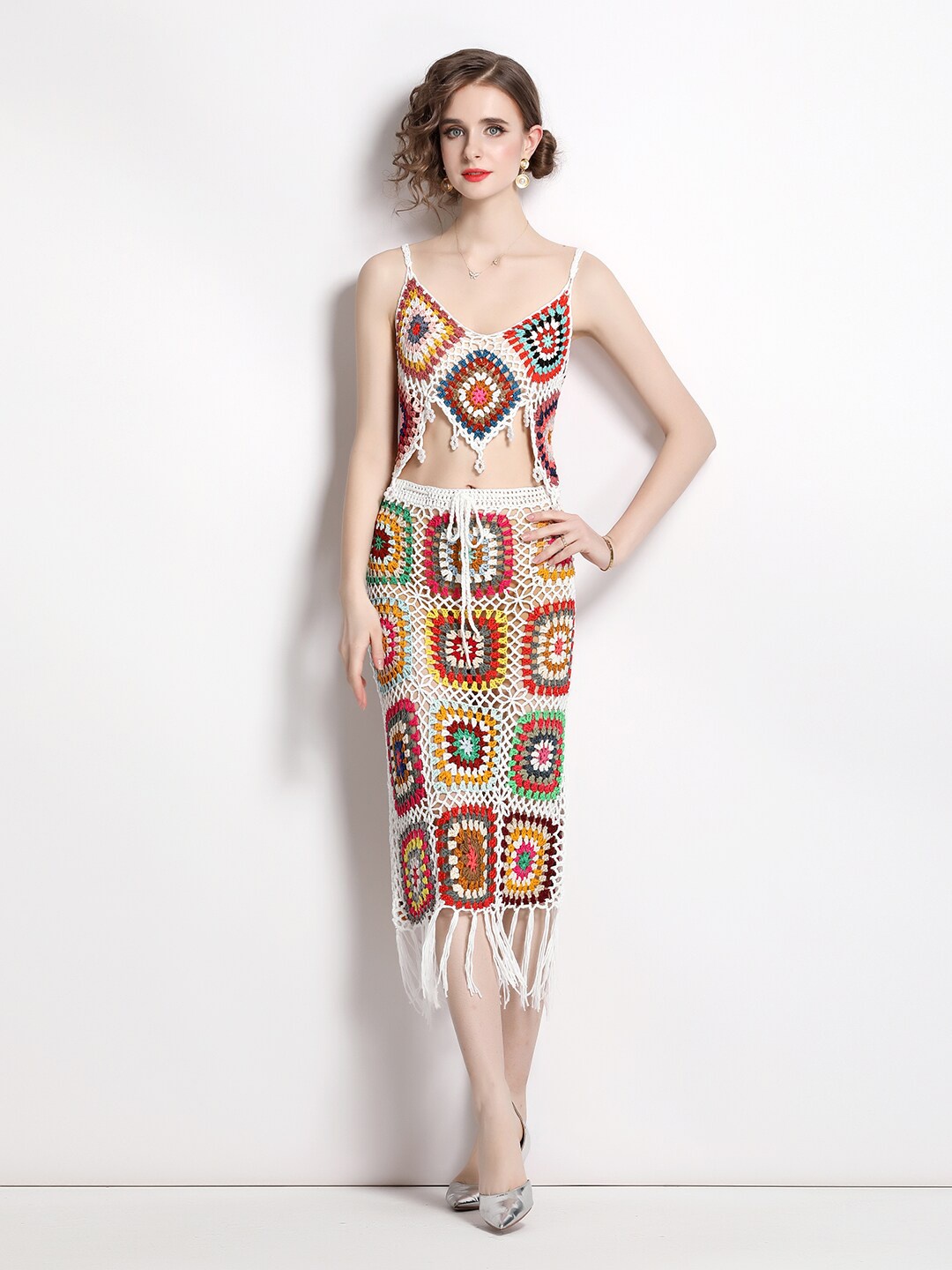 

JC Collection Self Design Top with Skirt, White