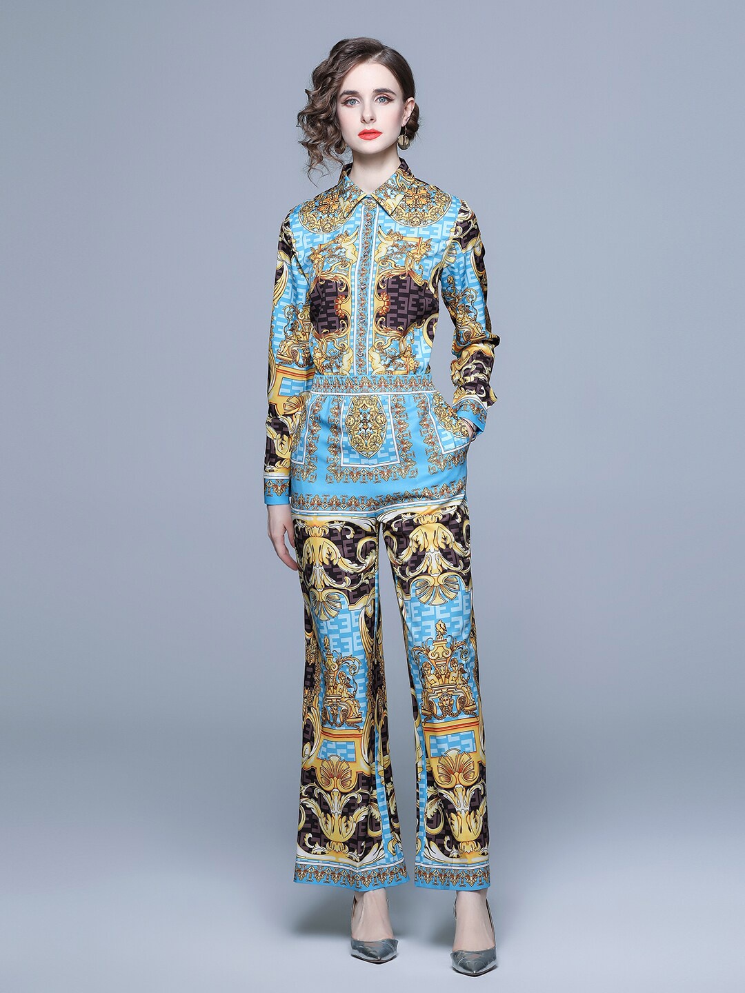 

JC Collection Printed Shirt with Trousers, Blue