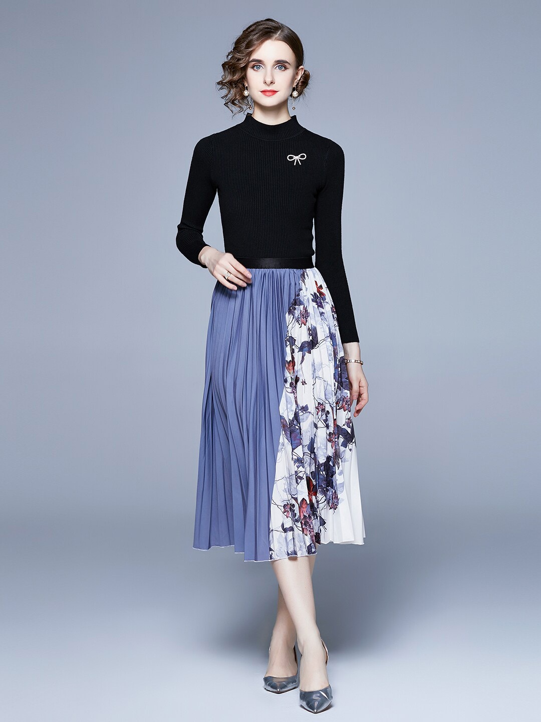 

JC Collection High Neck Long Sleeves Top with Skirt Co-Ords, Black