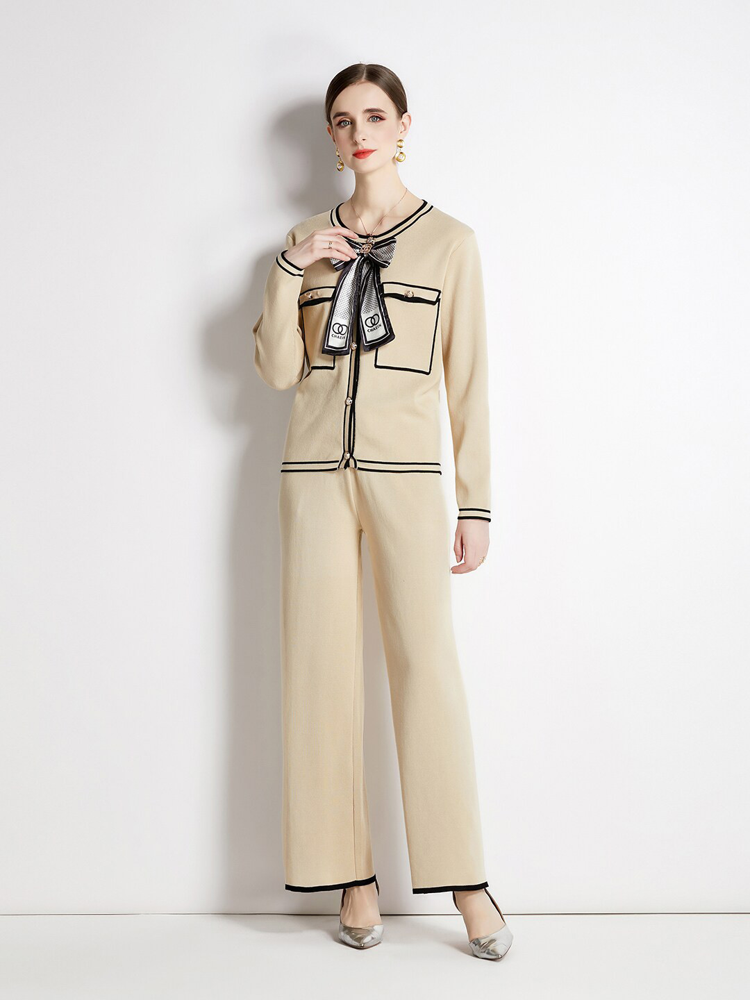 

JC Collection Round Neck Shirt with Trousers, Beige