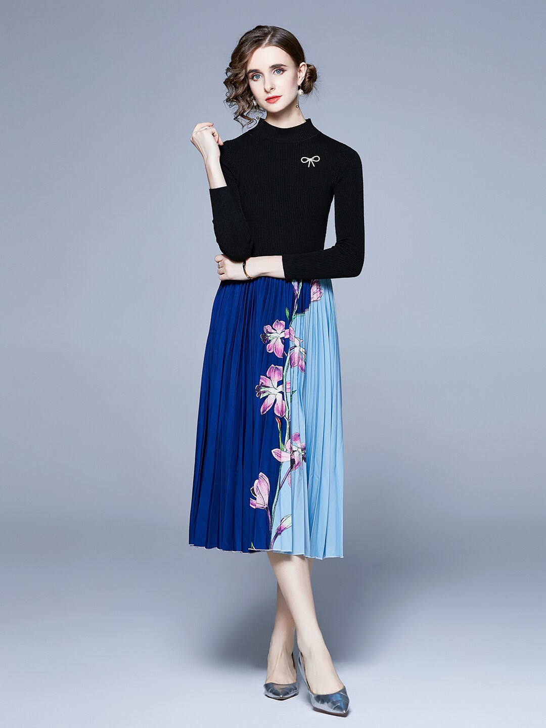 

JC Collection Round Neck Printed Top with Skirt, Multi