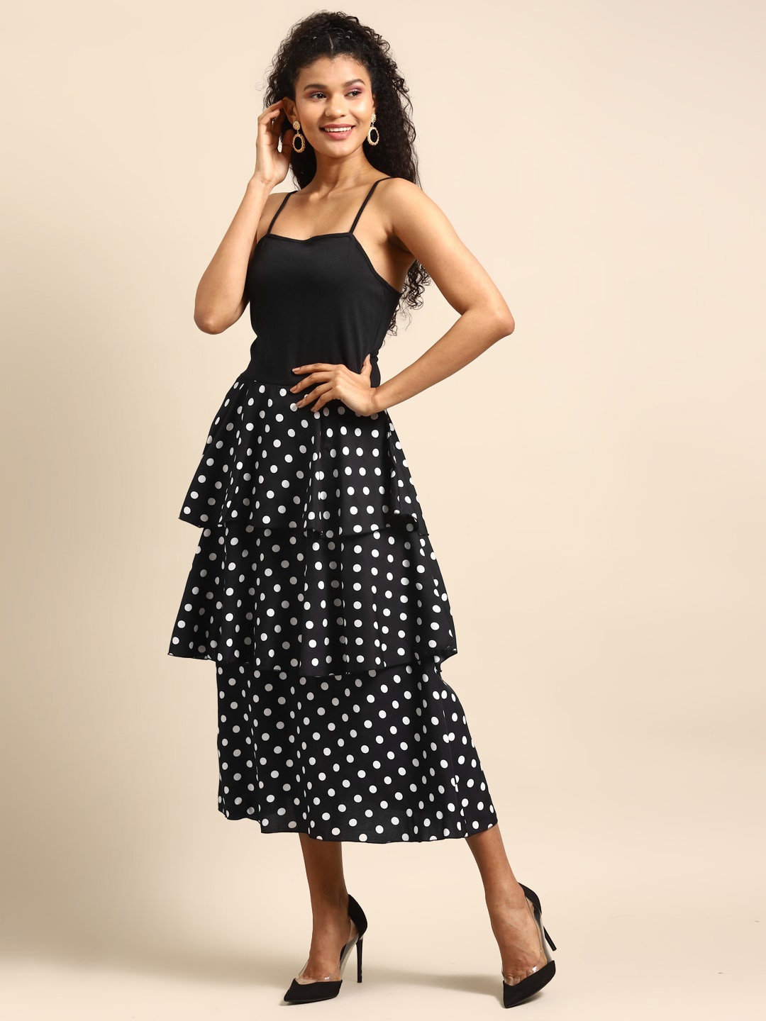 

DODO & MOA Polka Dots Printed Layered Fit & Flare Midi Dress, Black