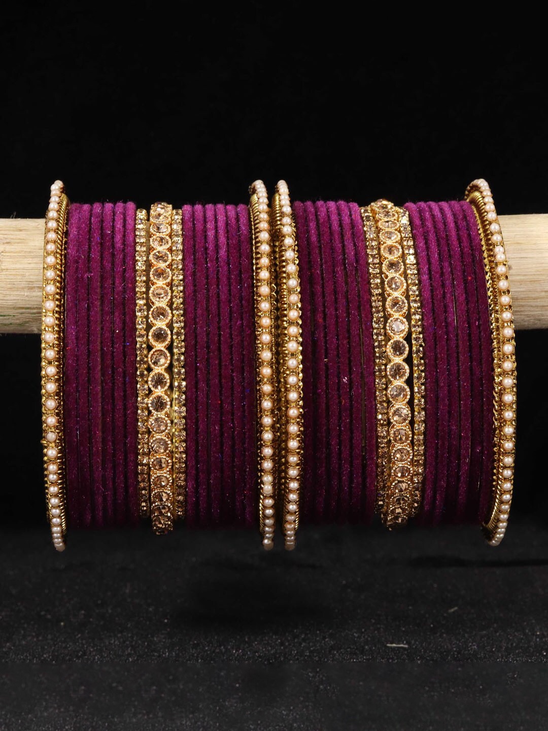 

NMII Set Of 34 Artificial Stones Studded & Velvet Bangles, Purple
