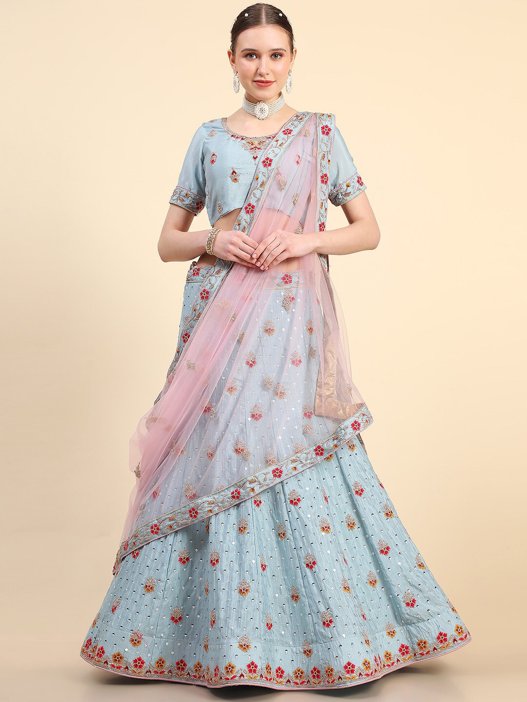 

Leeza Store Embroidered Thread Work Semi-Stitched Lehenga & Unstitched Blouse With Dupatta, Grey