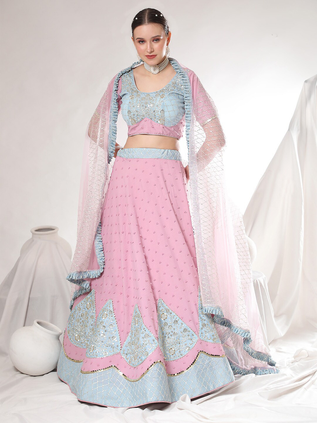 

Leeza Store Embroidered Thread Work Semi-Stitched Lehenga & Unstitched Blouse With Dupatta, Pink