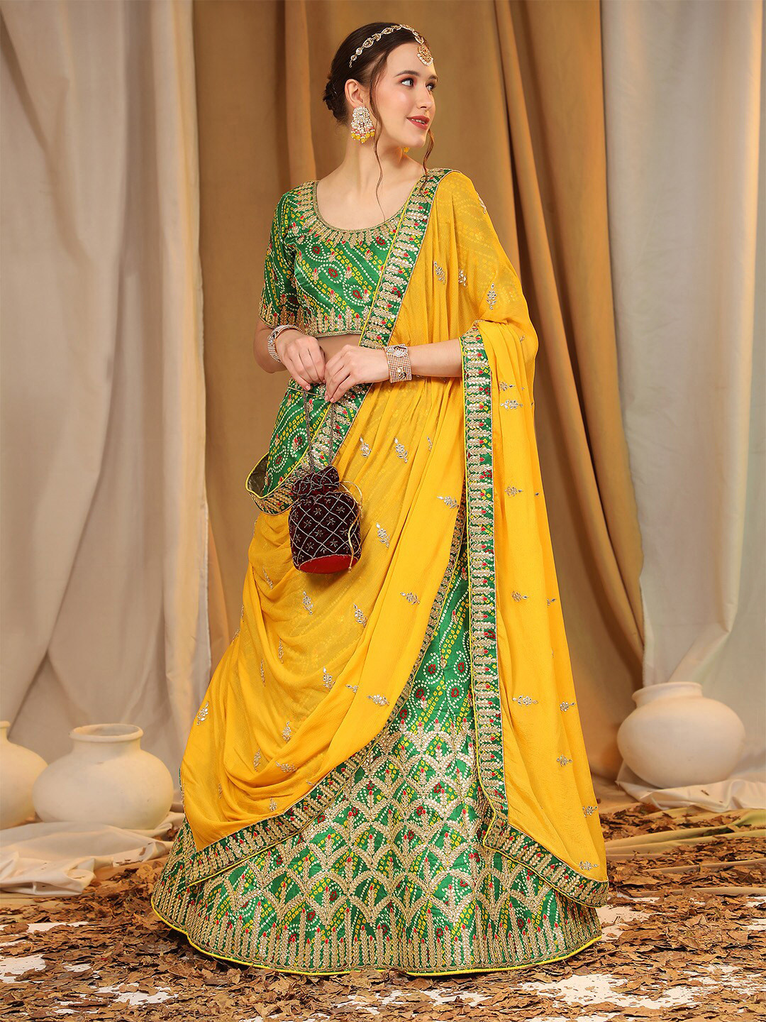 

Leeza Store Embroidered Thread Work Semi-Stitched Lehenga & Unstitched Blouse With Dupatta, Green