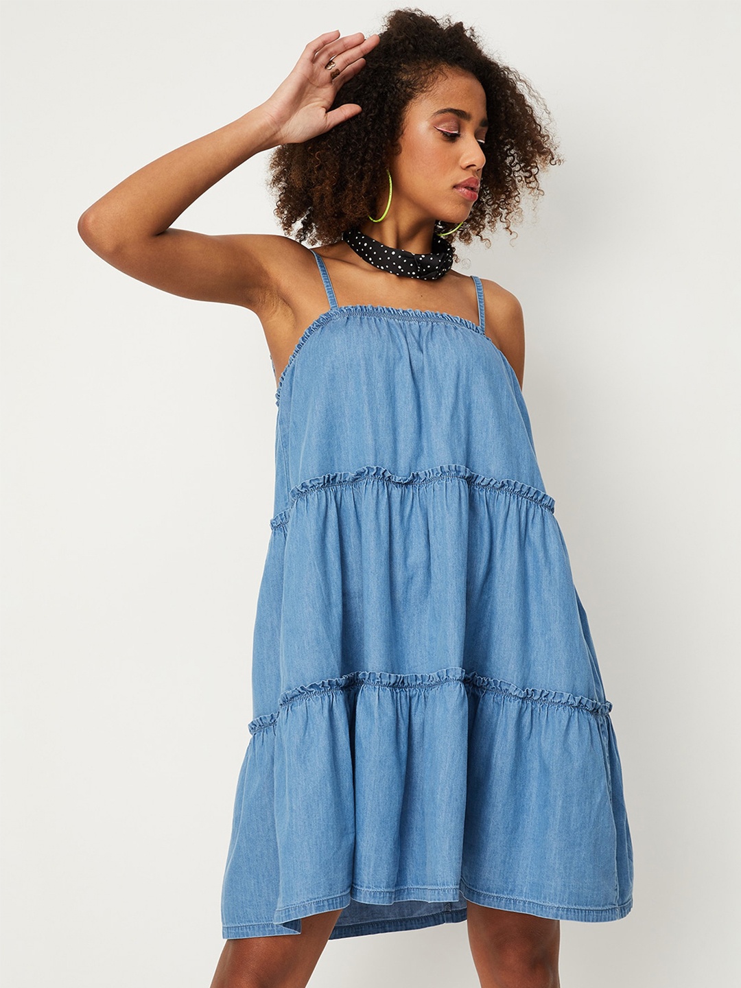 

max Shoulder Strap Tiered Pure Cotton A-Line Dress, Blue
