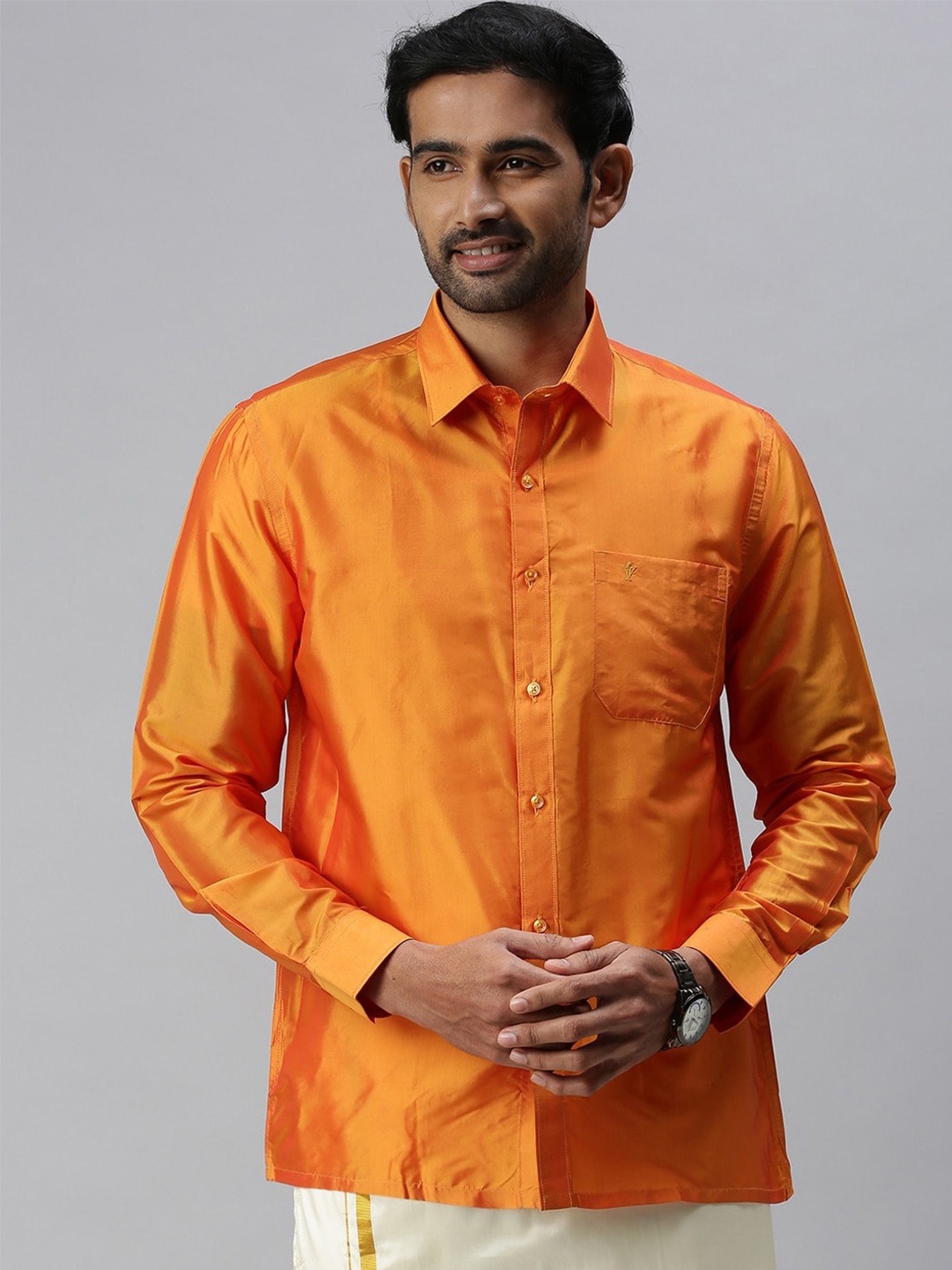 

Ramraj Silk Spread Collar Tailored Fit Casual Shirt, Orange