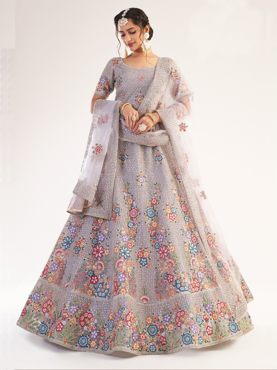 

Angroop Embroidered Thread Work Semi-Stitched Lehenga & Unstitched Blouse With Dupatta, Grey