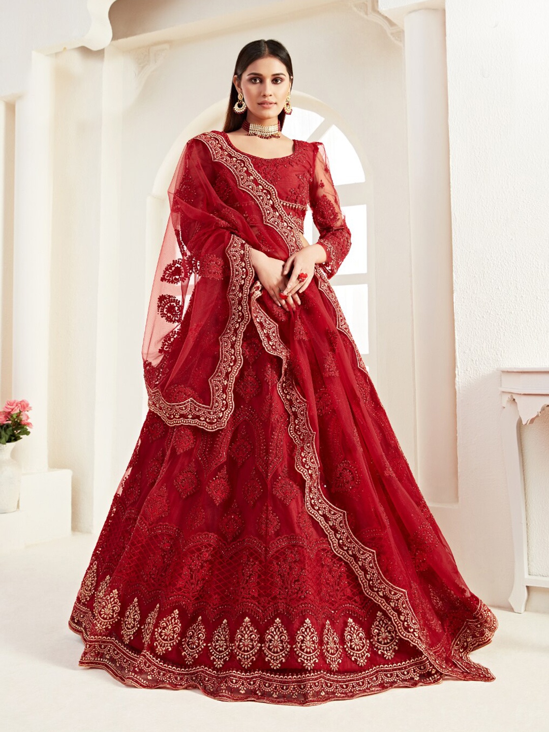 

Angroop Embroidered Beads & Stones Semi-Stitched Lehenga & Unstitched Blouse With Dupatta, Red