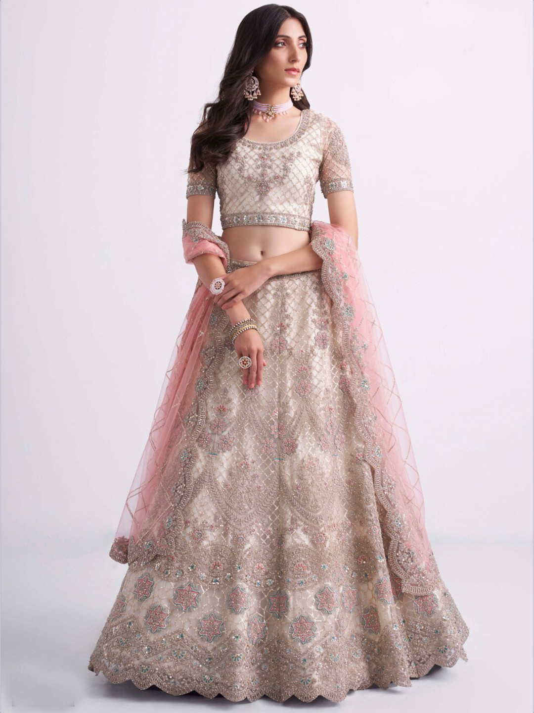 

Angroop Embellished Thread Work Semi-Stitched Lehenga & Unstitched Blouse With Dupatta, Peach