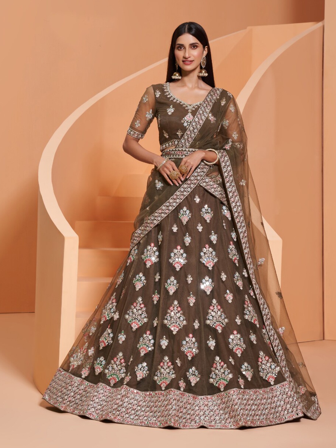 

Angroop Embroidered Beads & Stones Semi-Stitched Lehenga & Unstitched Blouse With Dupatta, Green