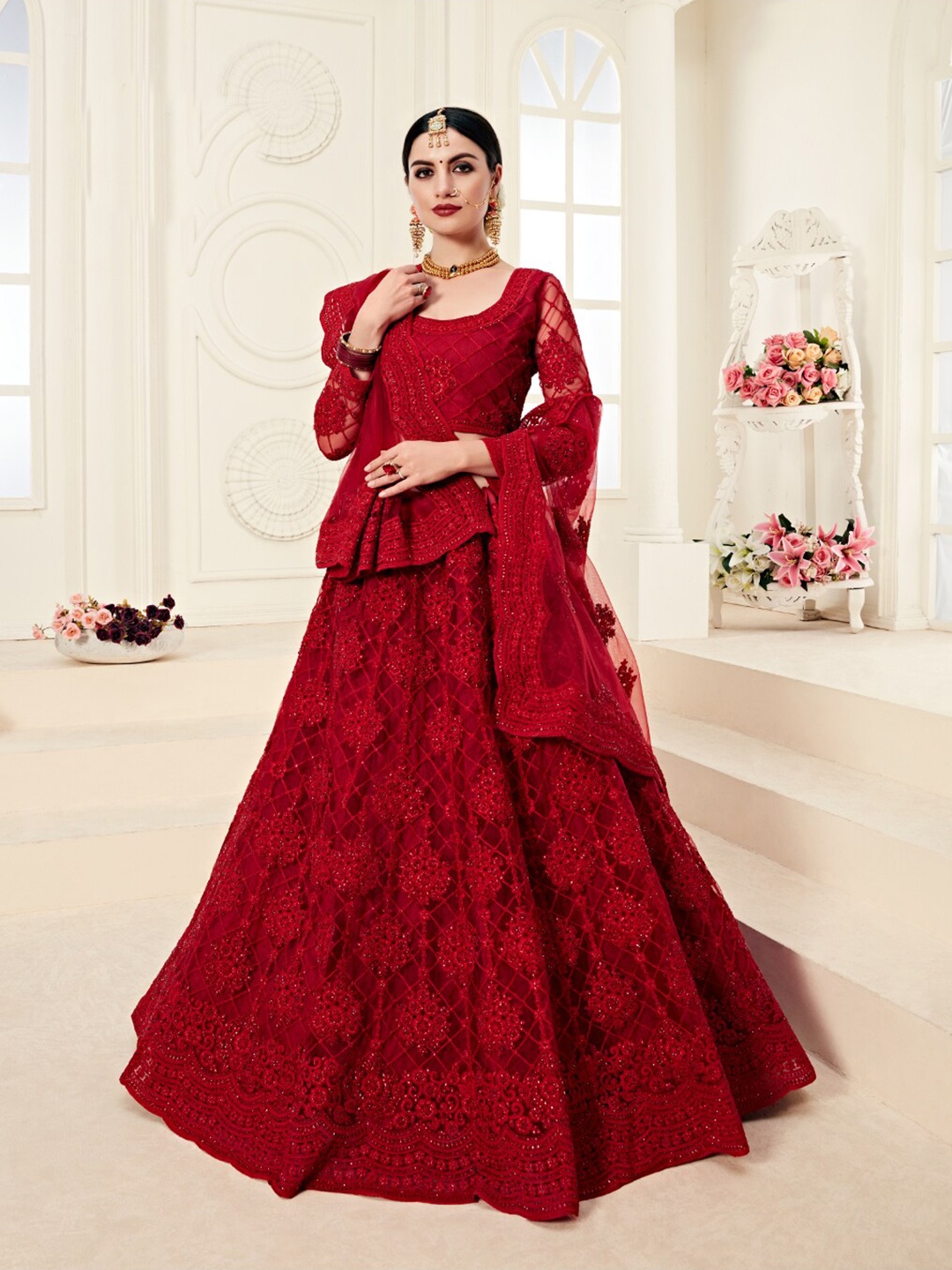 

Angroop Embroidered Semi-Stitched Lehenga & Unstitched Blouse With Dupatta, Red