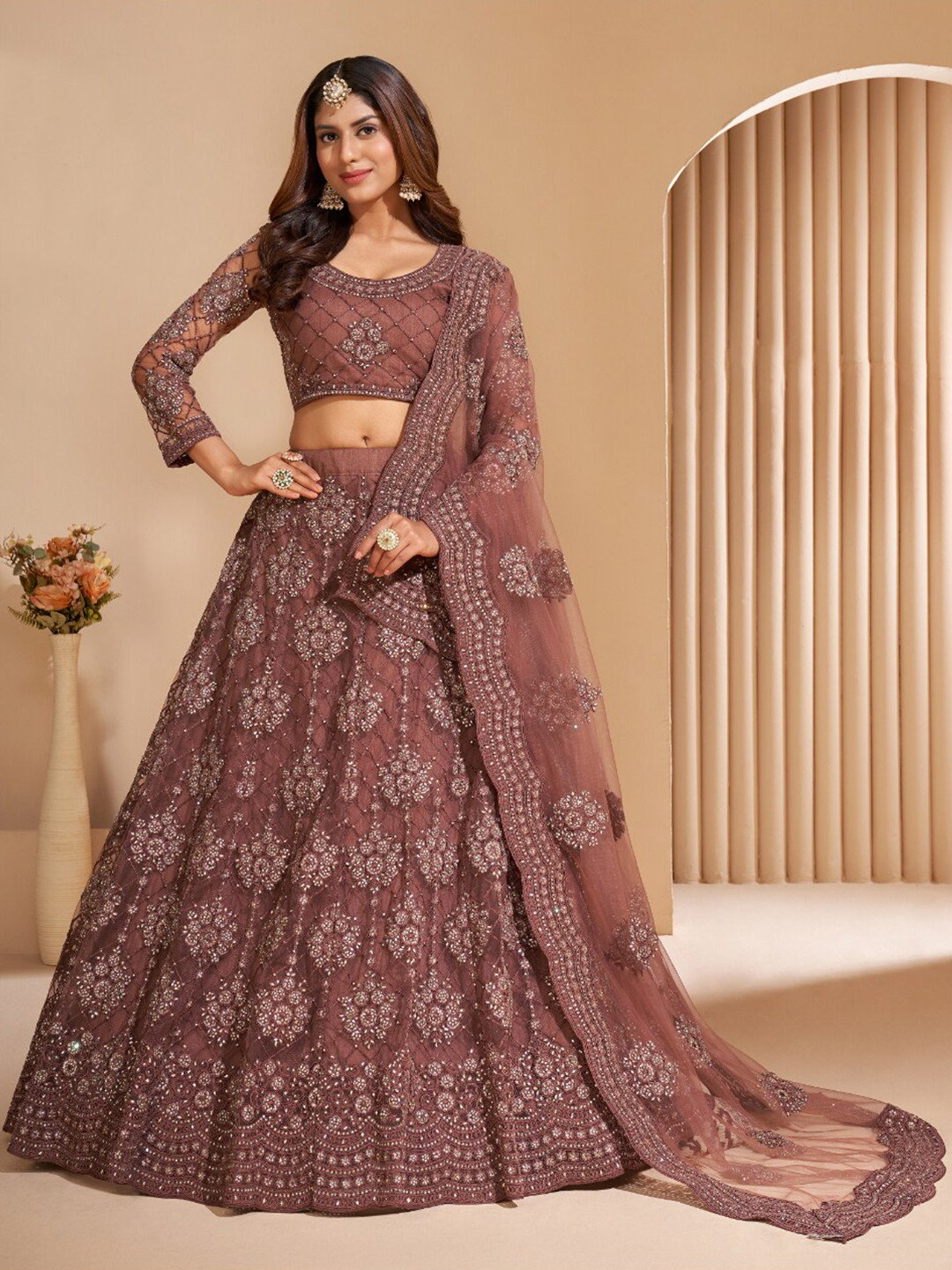 

Angroop Embroidered Stone Work Stone Work Semi-Stitched Lehenga Choli With Dupatta, Brown