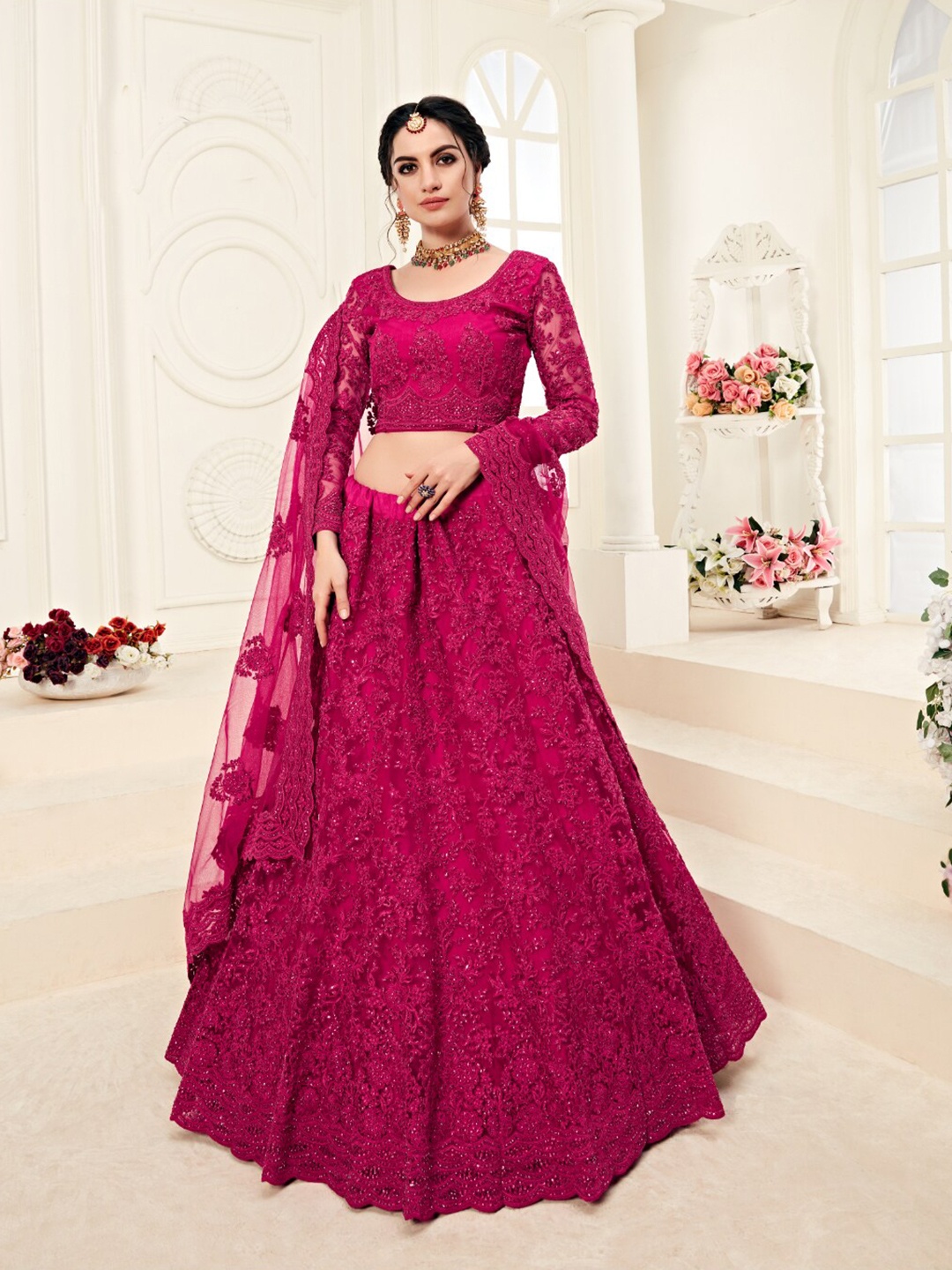 

Angroop Embroidered Thread Work Semi-Stitched Lehenga & Unstitched Blouse With Dupatta, Pink