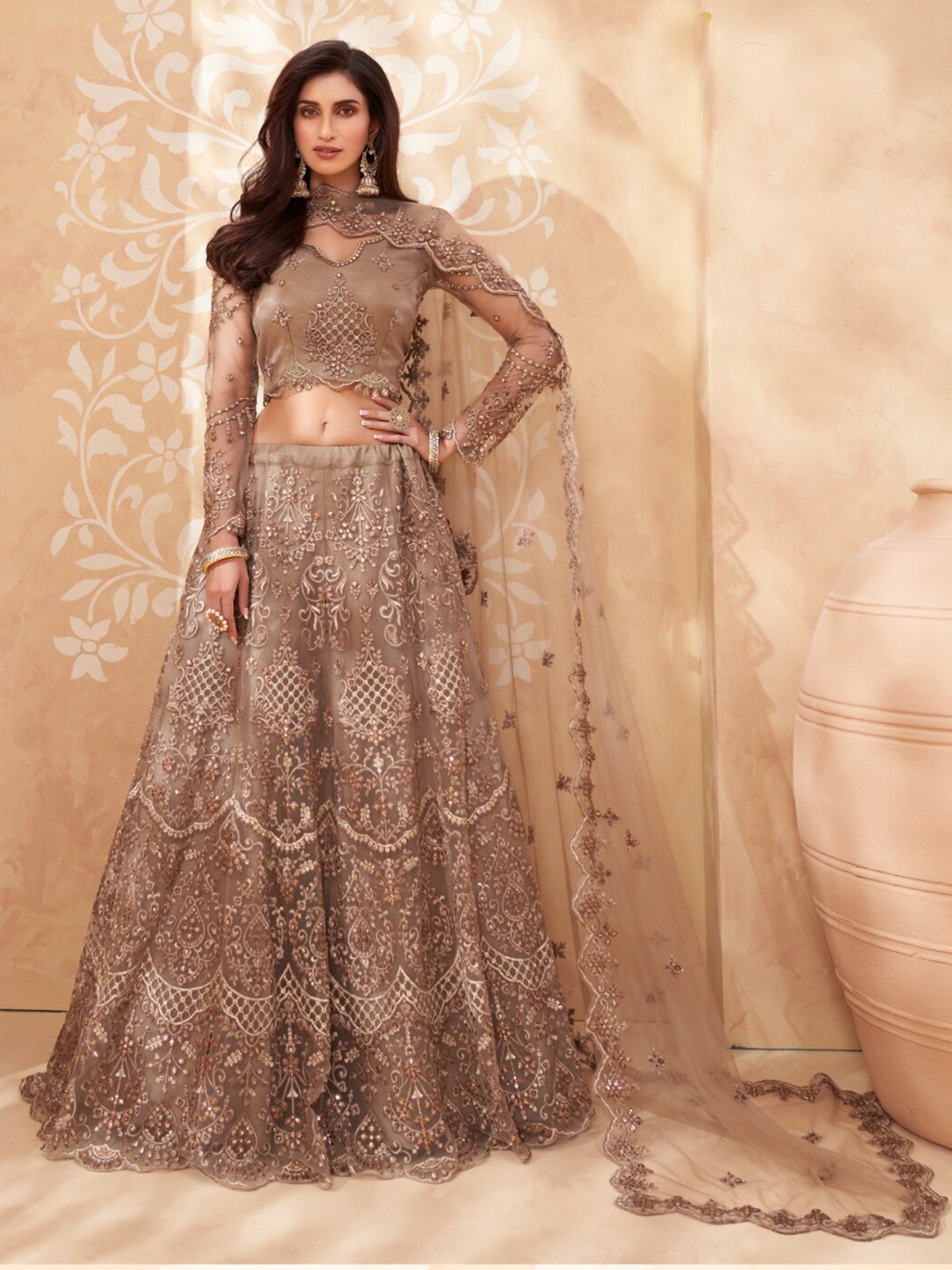 

Angroop Embroidered Semi-Stitched Lehenga & Unstitched Blouse With Dupatta, Brown