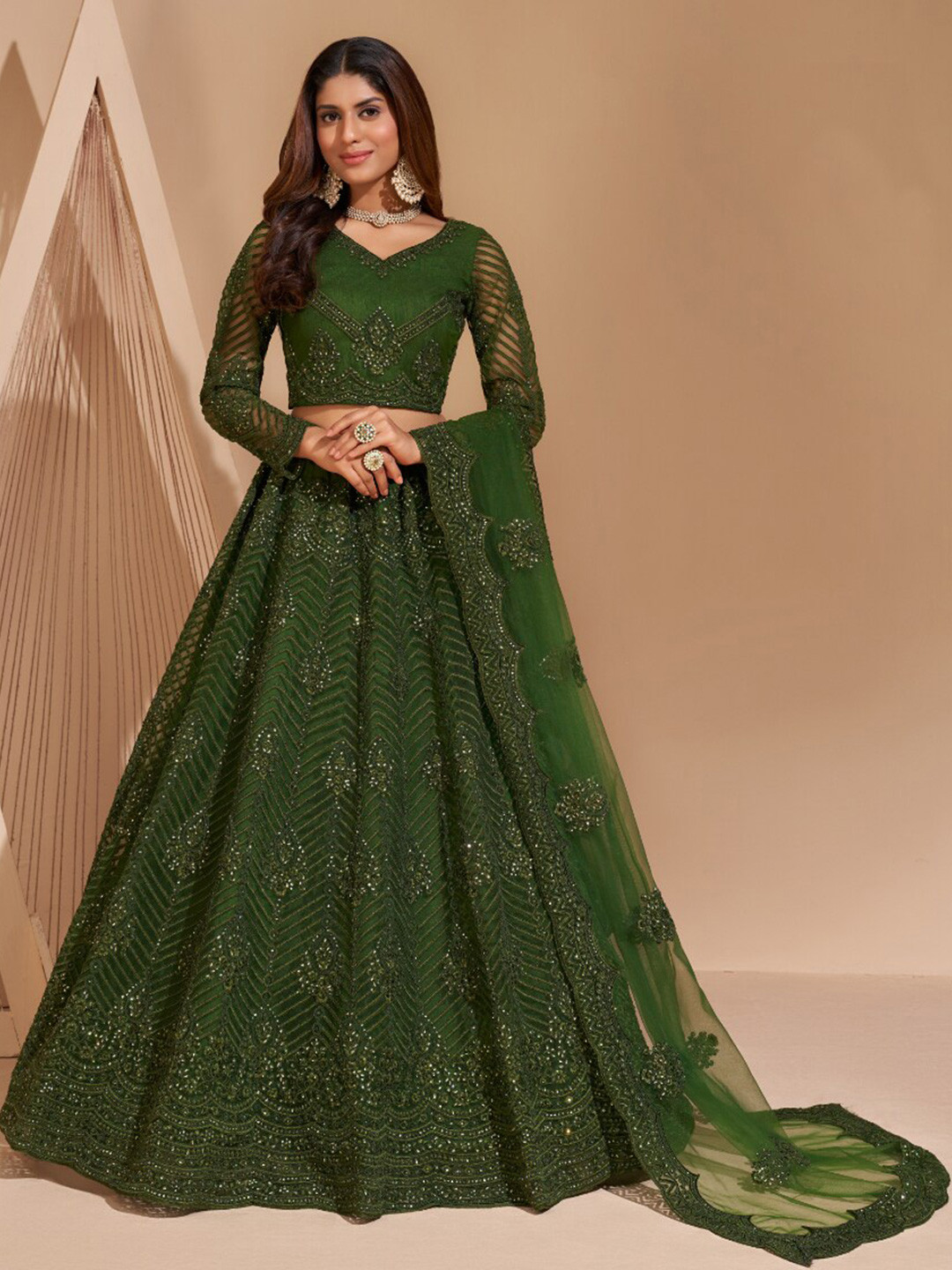 

Angroop Embroidered Stone Work Semi-Stitched Lehenga Choli With Dupatta, Green