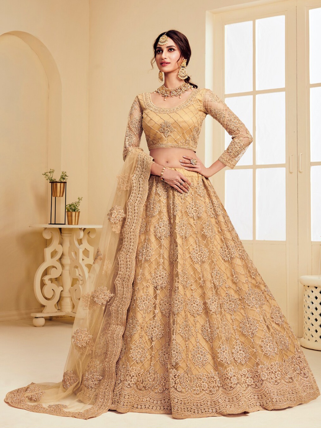 

Angroop Embroidered Stone Work Semi-Stitched Lehenga Choli With Dupatta, Gold