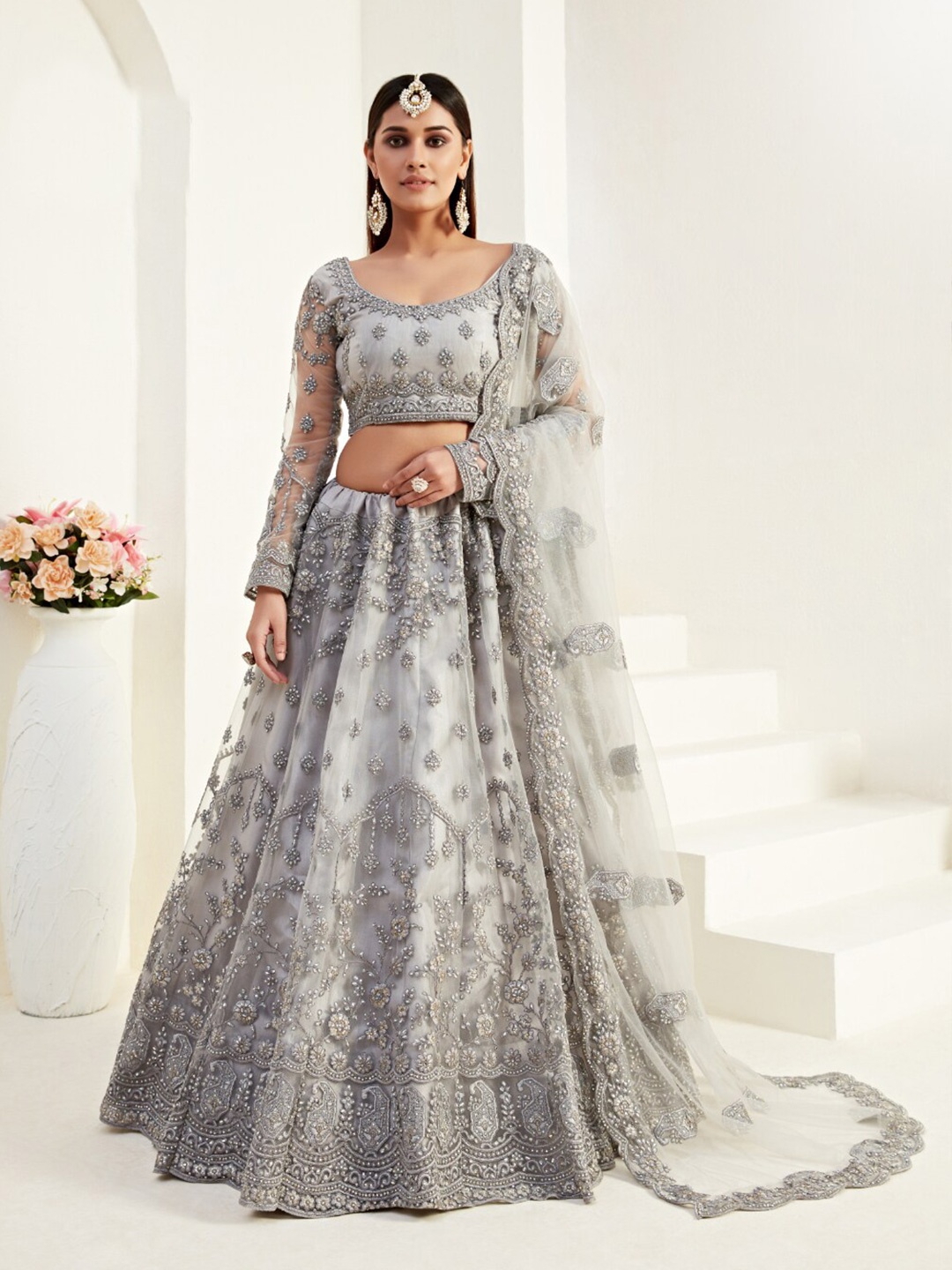 

Angroop Embroidered Thread Work Semi-Stitched Lehenga & Unstitched Blouse With Dupatta, Silver