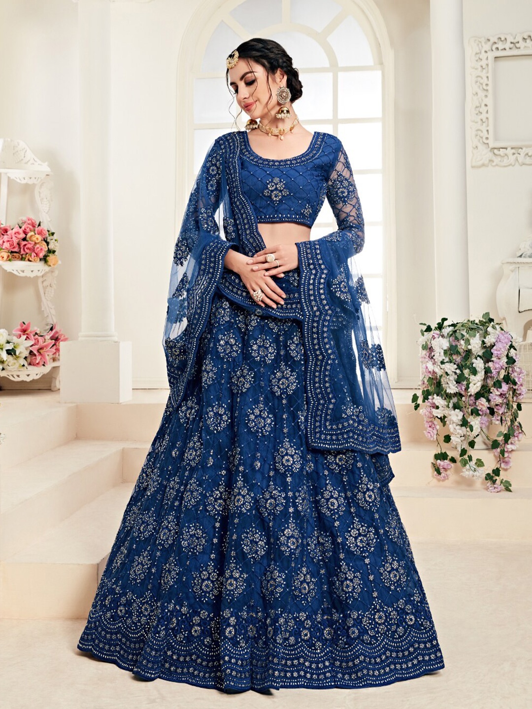 

Angroop Embroidered Beads & Stones Semi-Stitched Lehenga & Unstitched Blouse With Dupatta, Navy blue