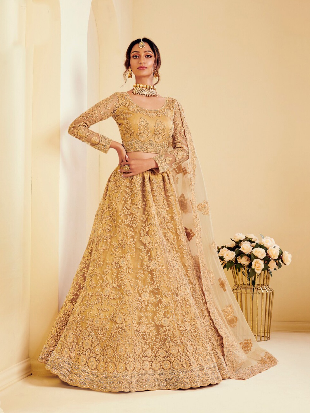 

Angroop Floral Embroidered Stone Work Semi-Stitched Lehenga Choli With Dupatta, Gold