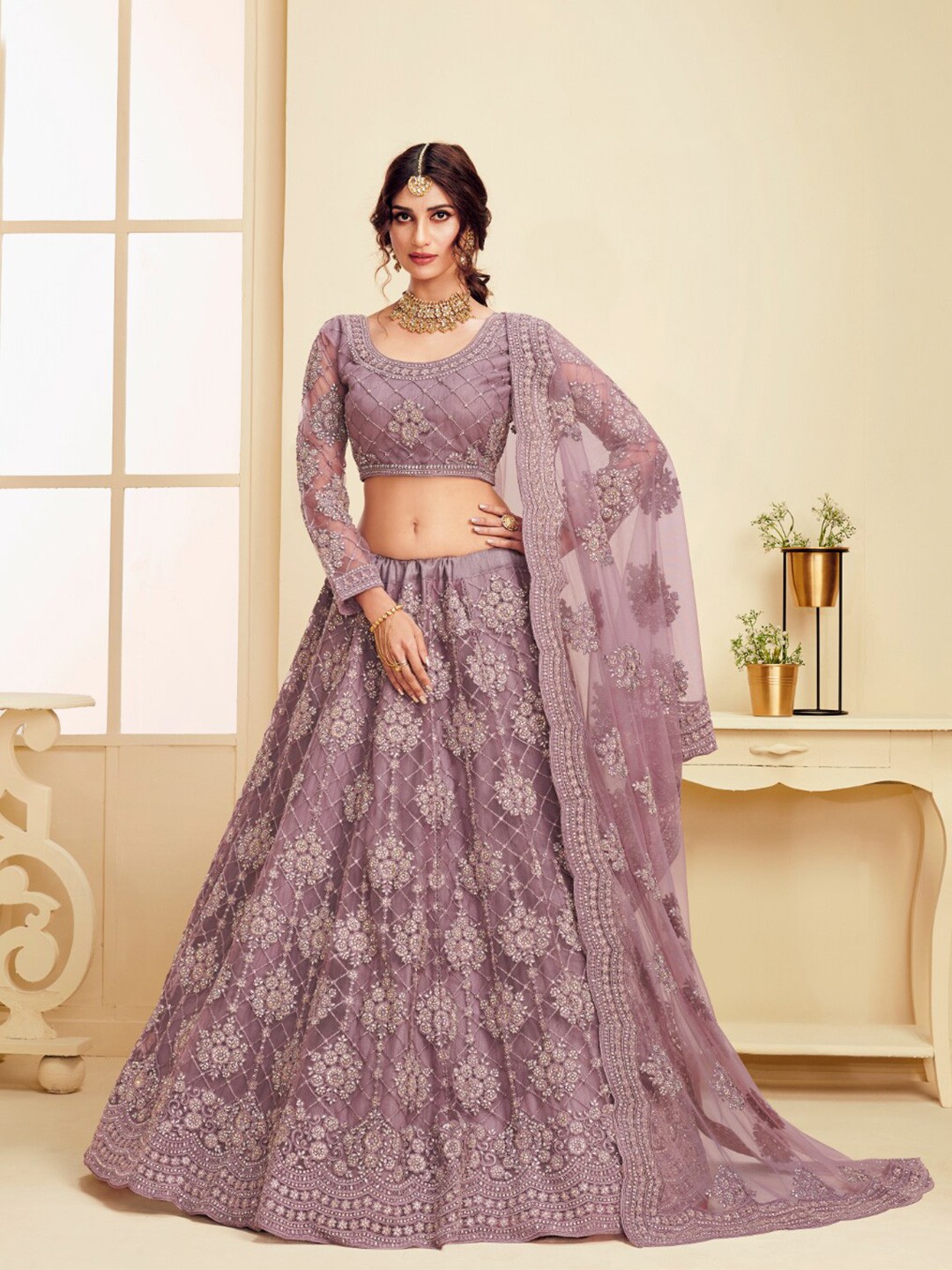 

Angroop Floral Embroidered Stone Work Semi-Stitched Lehenga Choli With Dupatta, Mauve