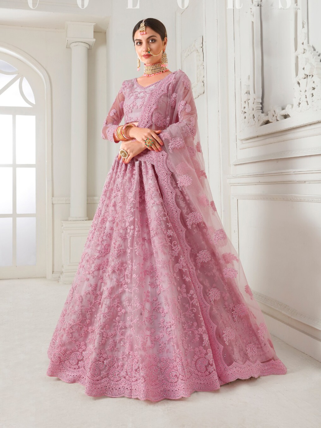 

Angroop Embroidered Thread Work Semi-Stitched Lehenga & Unstitched Blouse With Dupatta, Pink