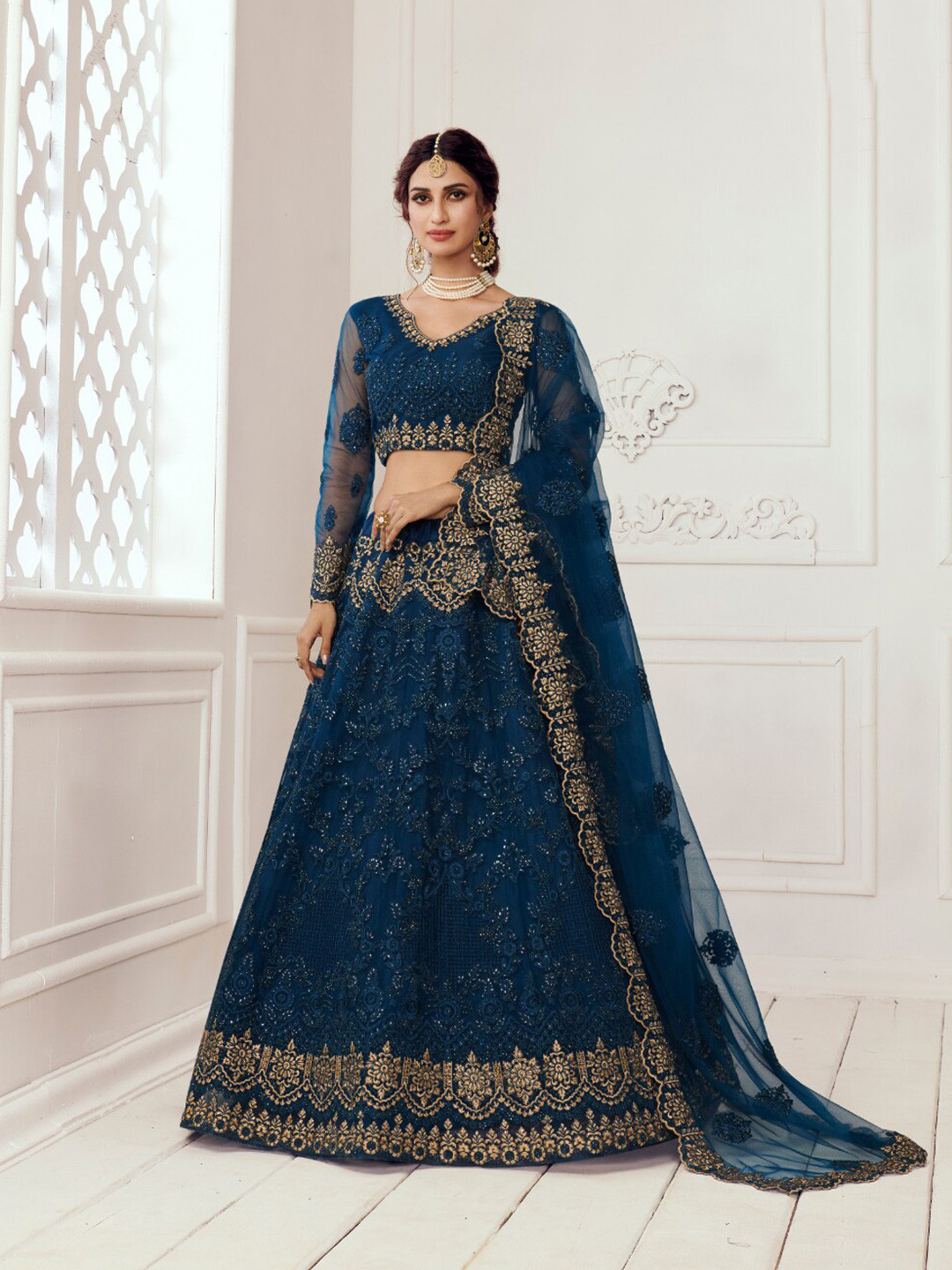 

Angroop Embroidered Stones & Beads Semi-Stitched Lehenga & Unstitched Blouse With Dupatta, Navy blue