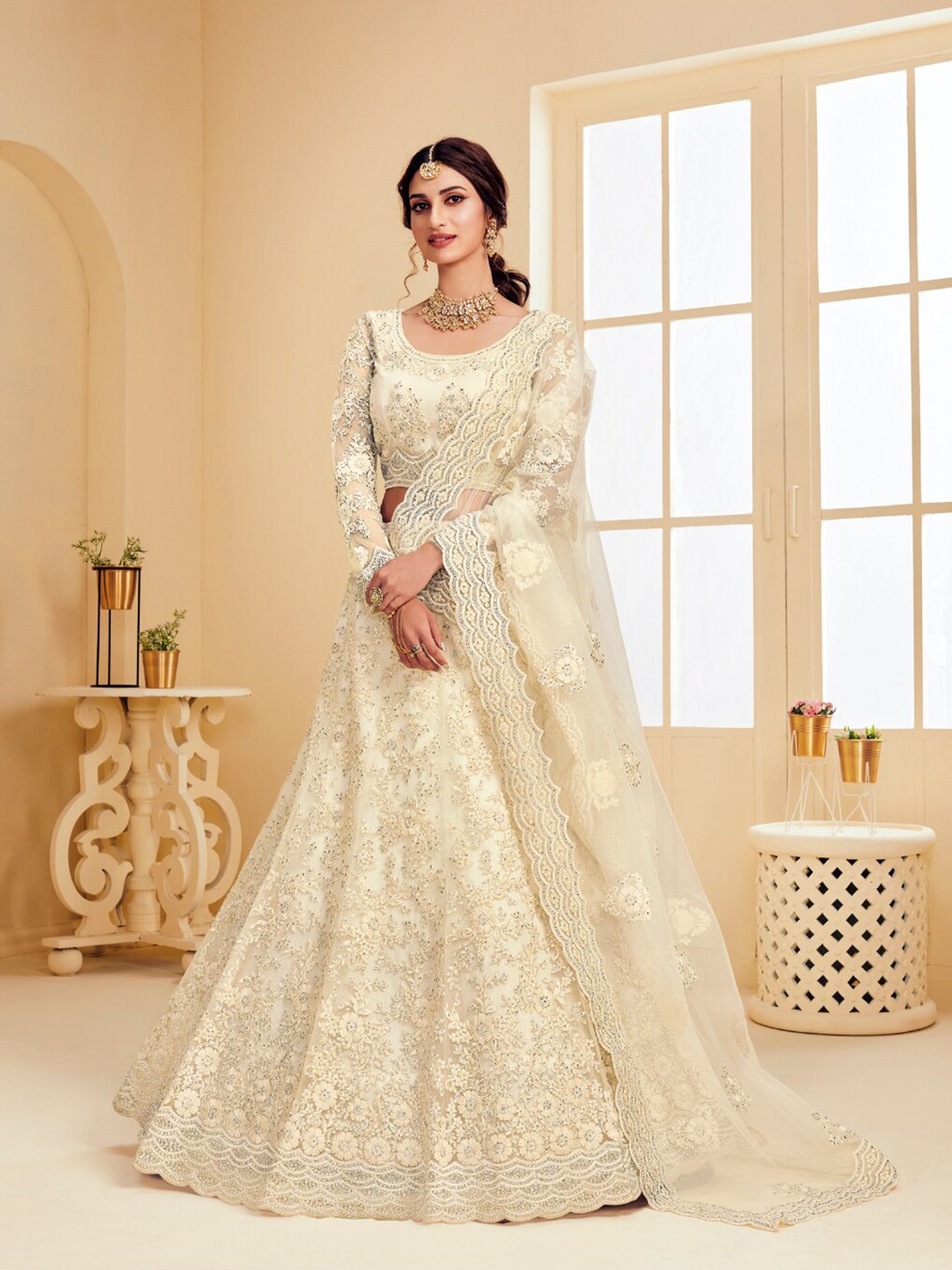 

Angroop Embroidered Thread Work Semi-Stitched Lehenga & Unstitched Blouse With Dupatta, Off white