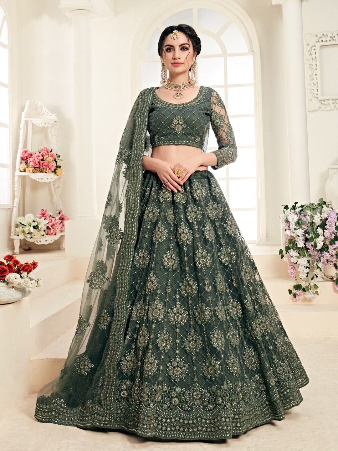 

Angroop Embroidered Thread Work Semi-Stitched Lehenga & Unstitched Blouse With, Olive