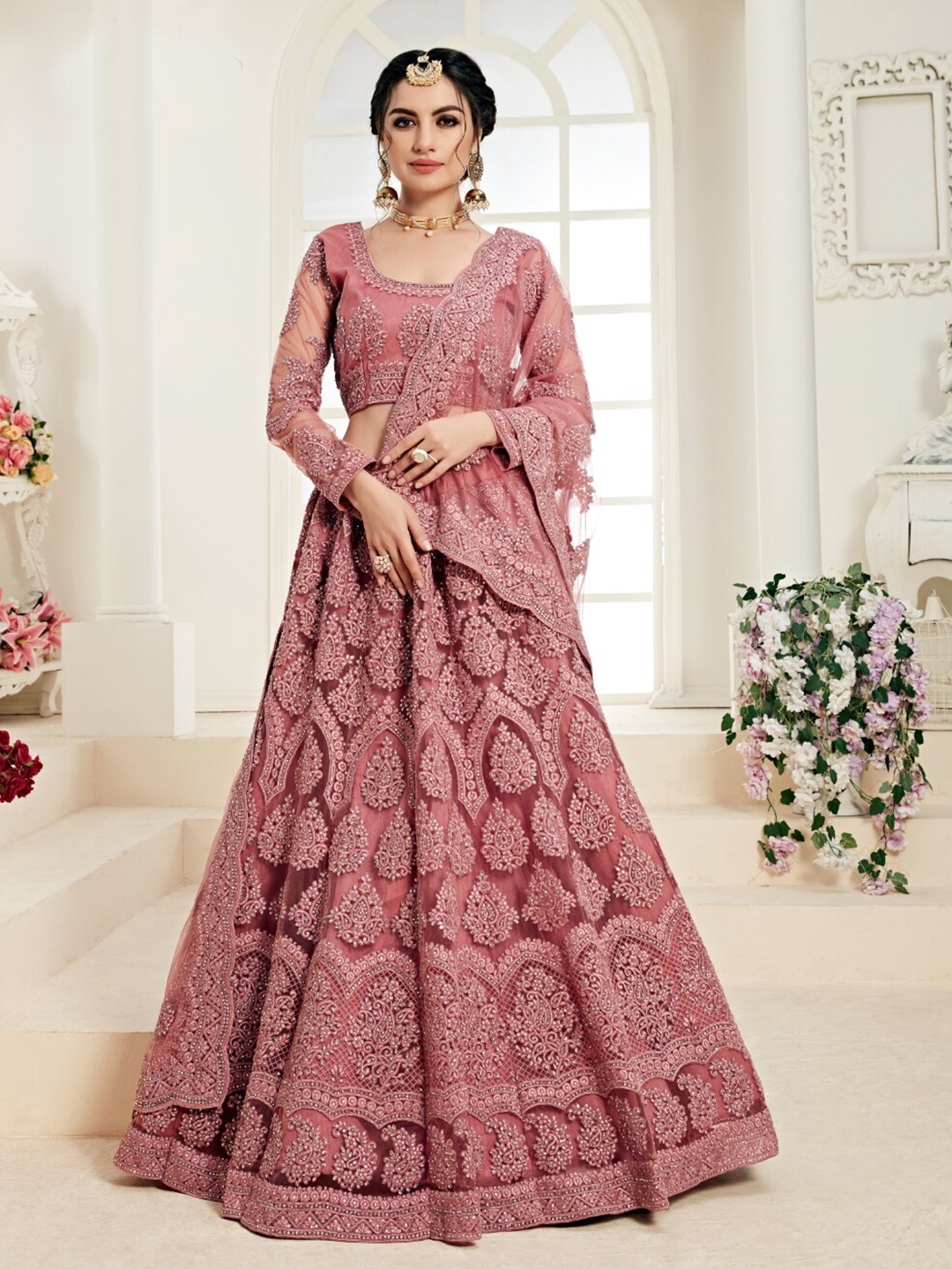 

Angroop Embroidered Thread Work Semi-Stitched Lehenga & Unstitched Blouse With Dupatta, Peach