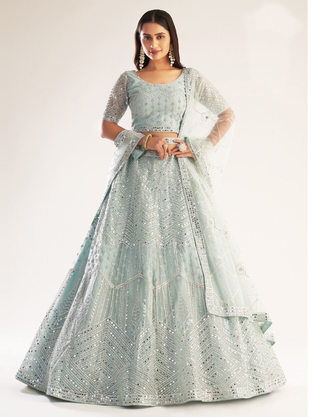 

Angroop Embroidered Mirror Work Semi-Stitched Lehenga Choli With Dupatta, Sea green