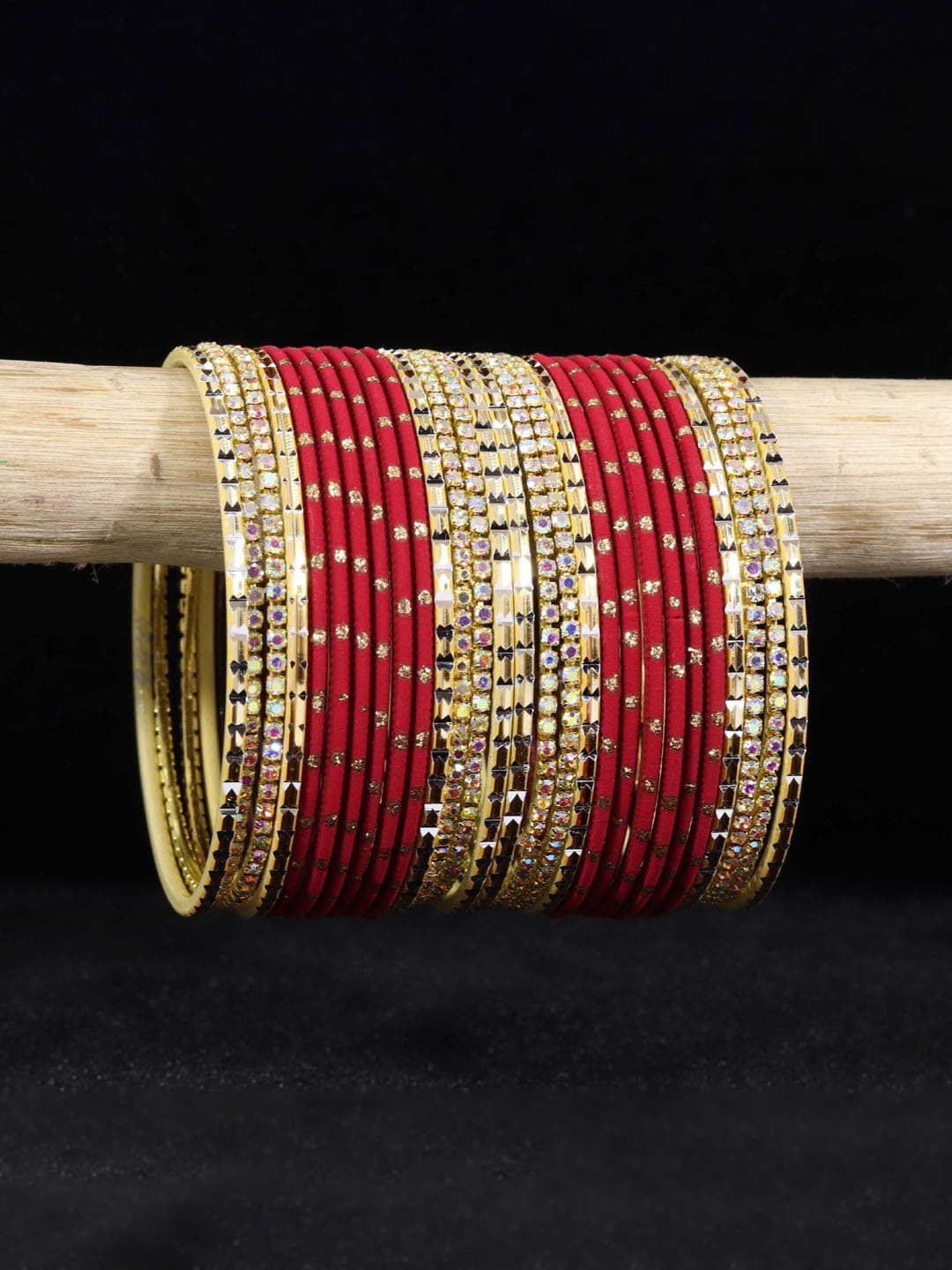 

NMII Set Of 28 Glitter Detailed Stone-Studded Bangles, Maroon