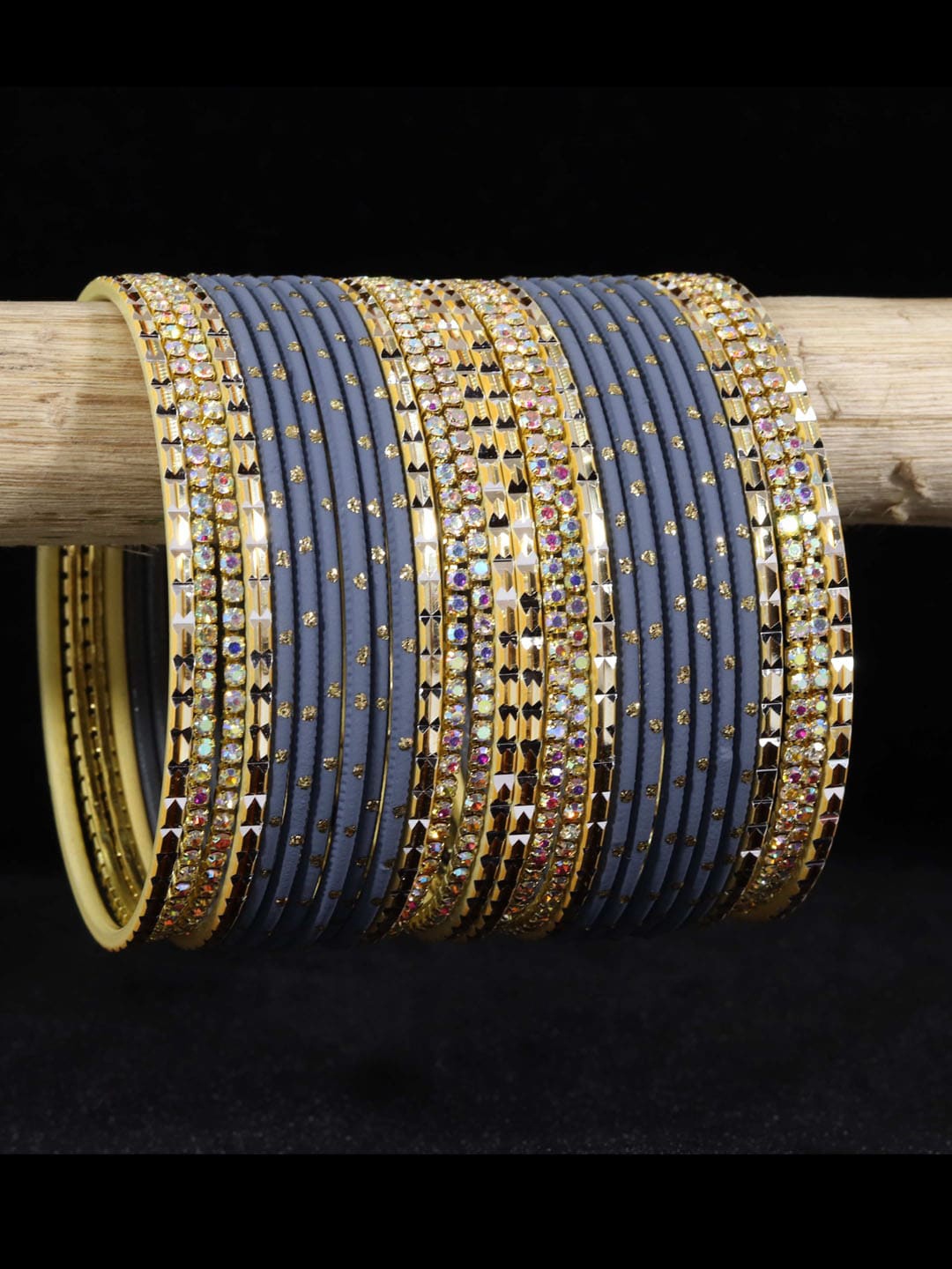 

NMII Set Of 28 Glitter Detailed Artificial Stones-Studded Bangles, Grey