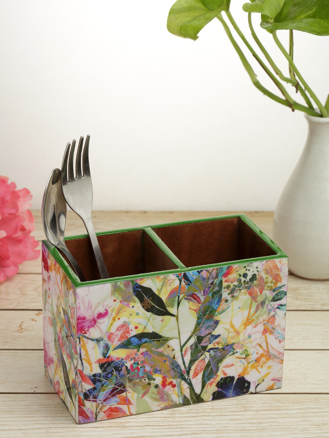 

ROMEE White & Pink Printed Wooden Cutlery Stand