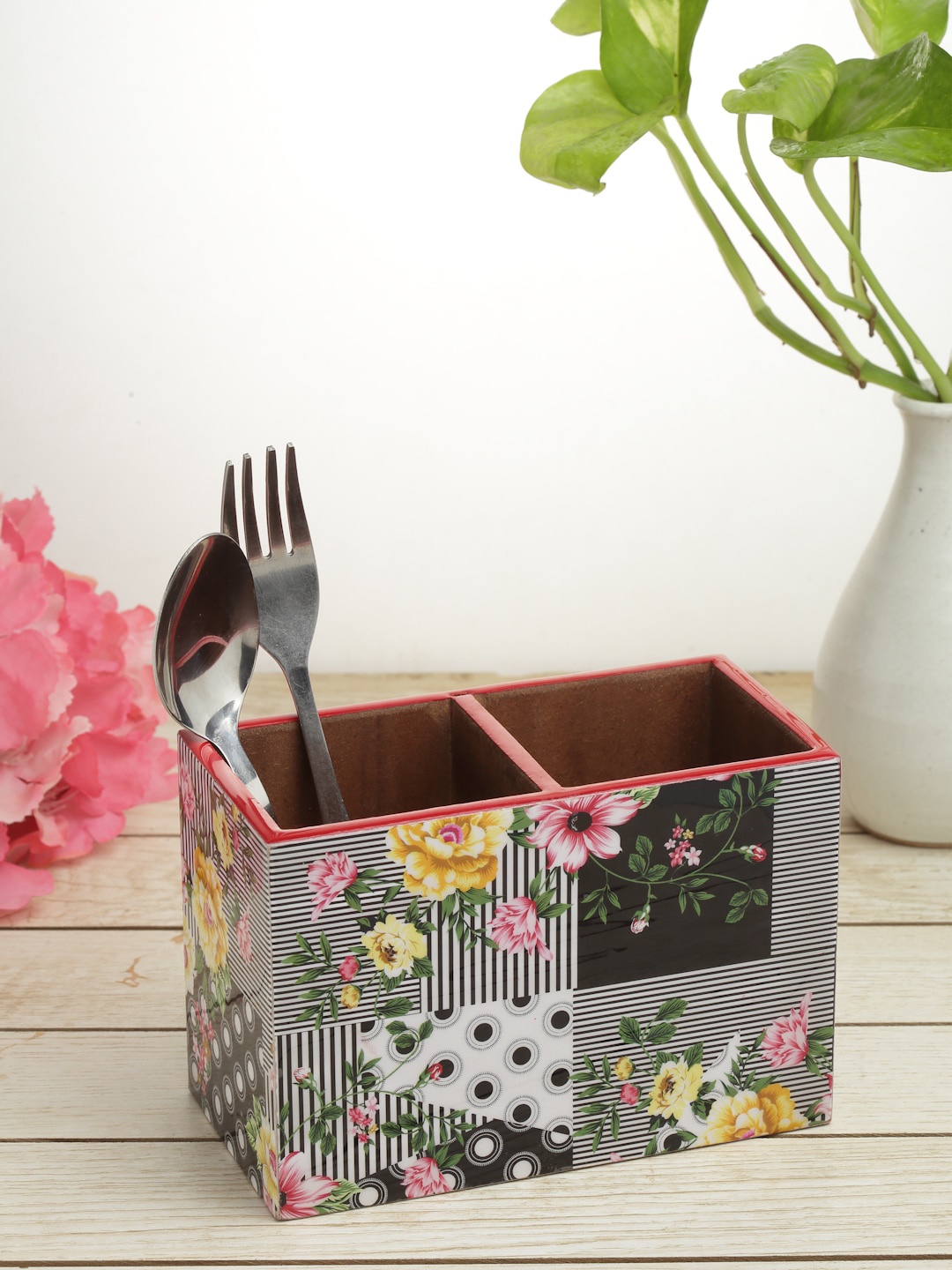 

ROMEE White & Green Printed Wooden Cutlery Stand