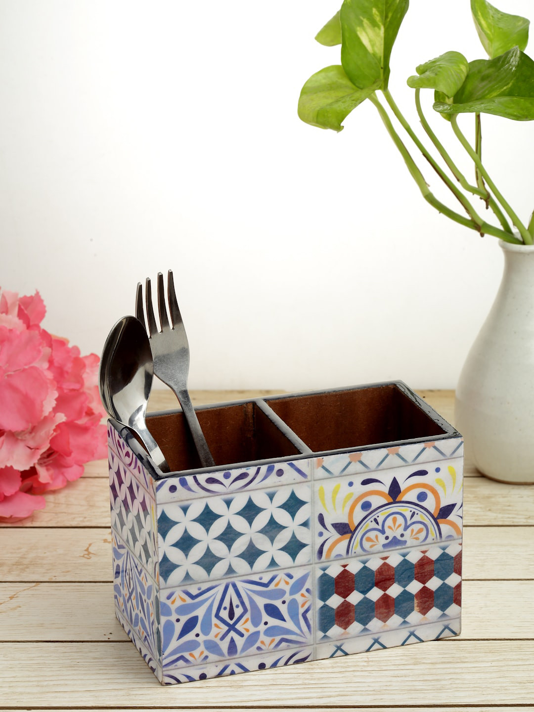 

ROMEE white & Blue Printed Cutlery Stand