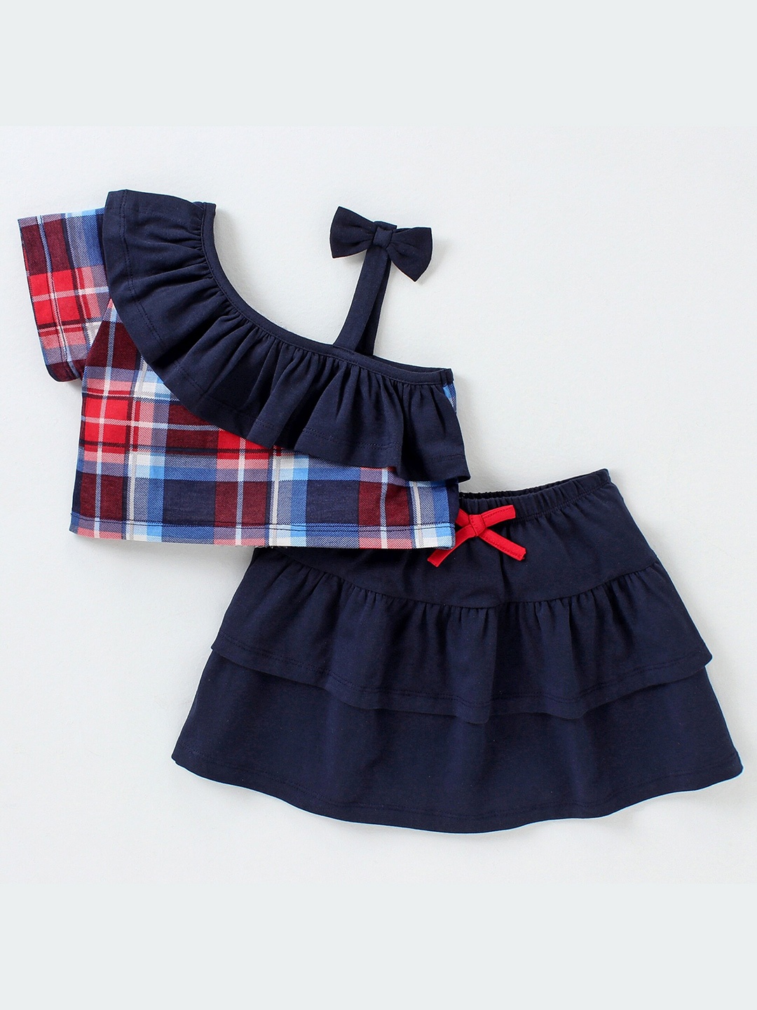 

CrayonFlakes Girls Checked Frill Top with Skirt, Blue