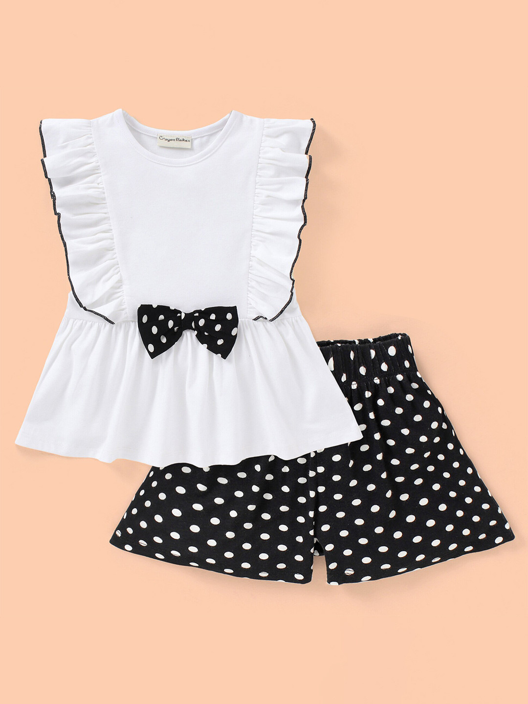 

CrayonFlakes Girls Polka Dot Printed Frilled Bow Top with Shorts, White