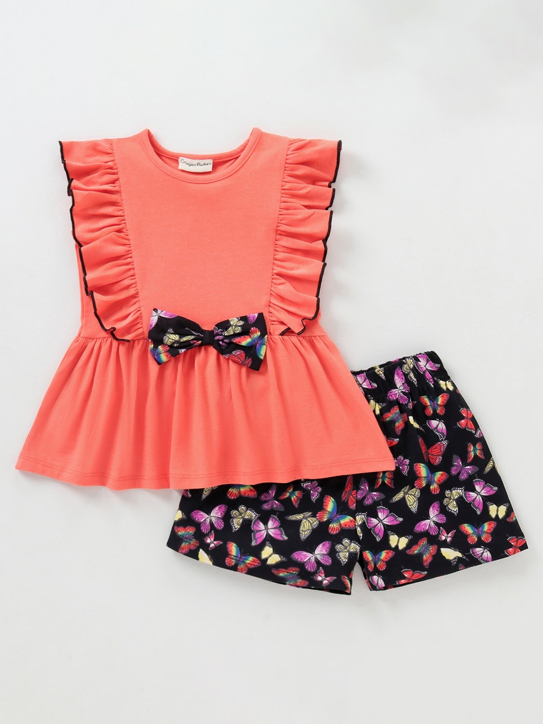

CrayonFlakes Girls Printed Frilled Bow Top with Shorts, Peach