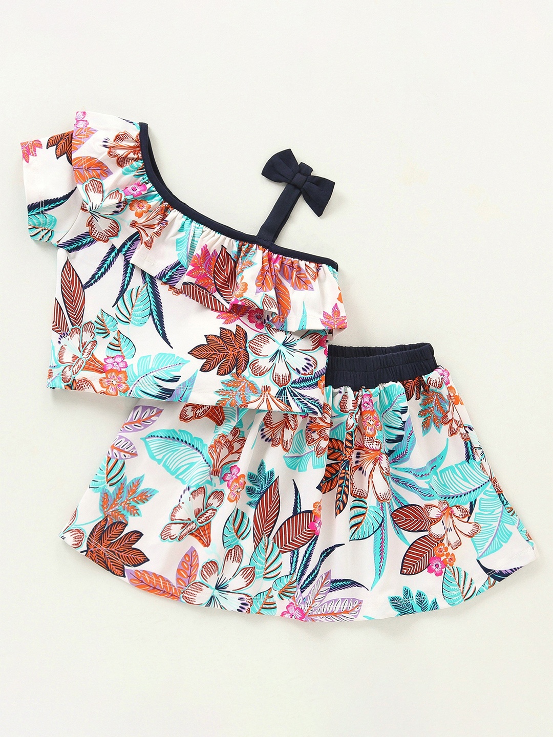 

CrayonFlakes Girls Floral Printed Frill & Strap Top With Skirt, Off white