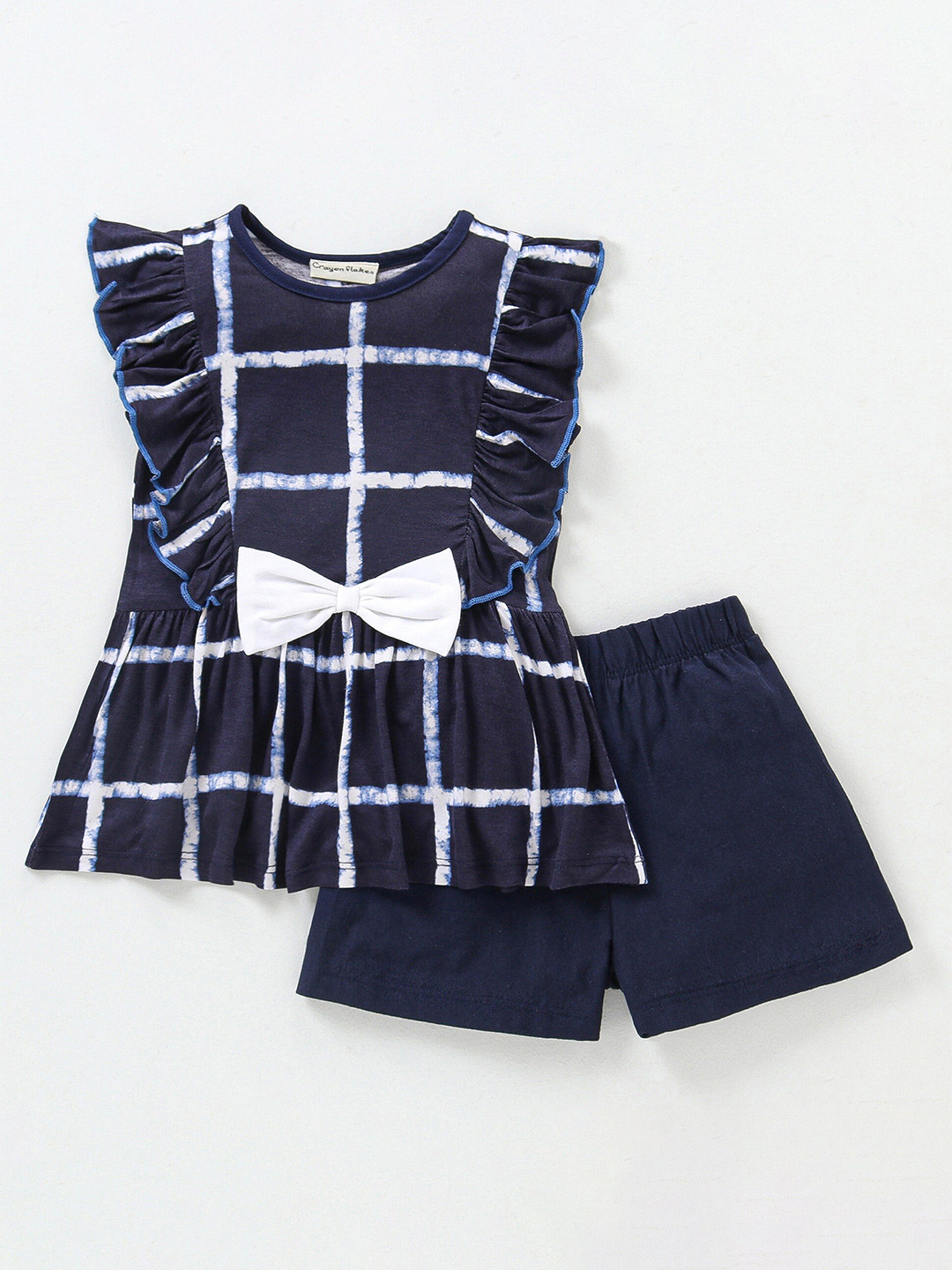 

CrayonFlakes Girls Checked Printed Frilled Bow Top With Pure Cotton Shorts, Blue