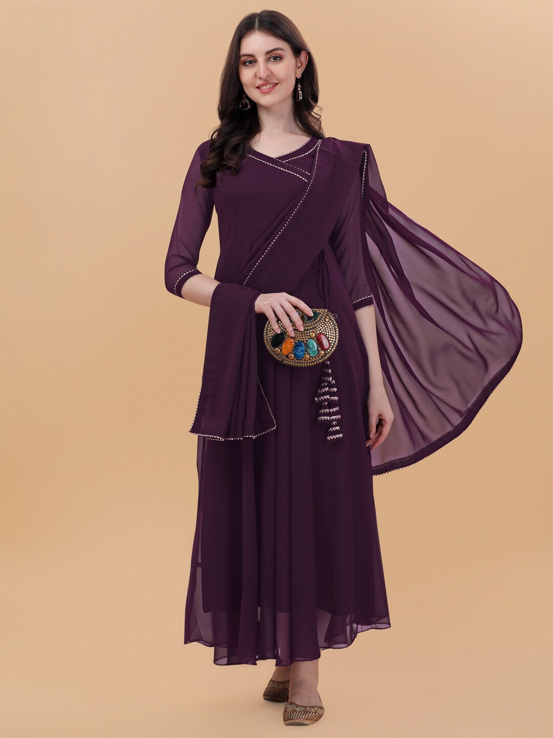 

PMD Fashion V-Neck Gotta Patti Anarkali Kurta with Dupatta, Purple