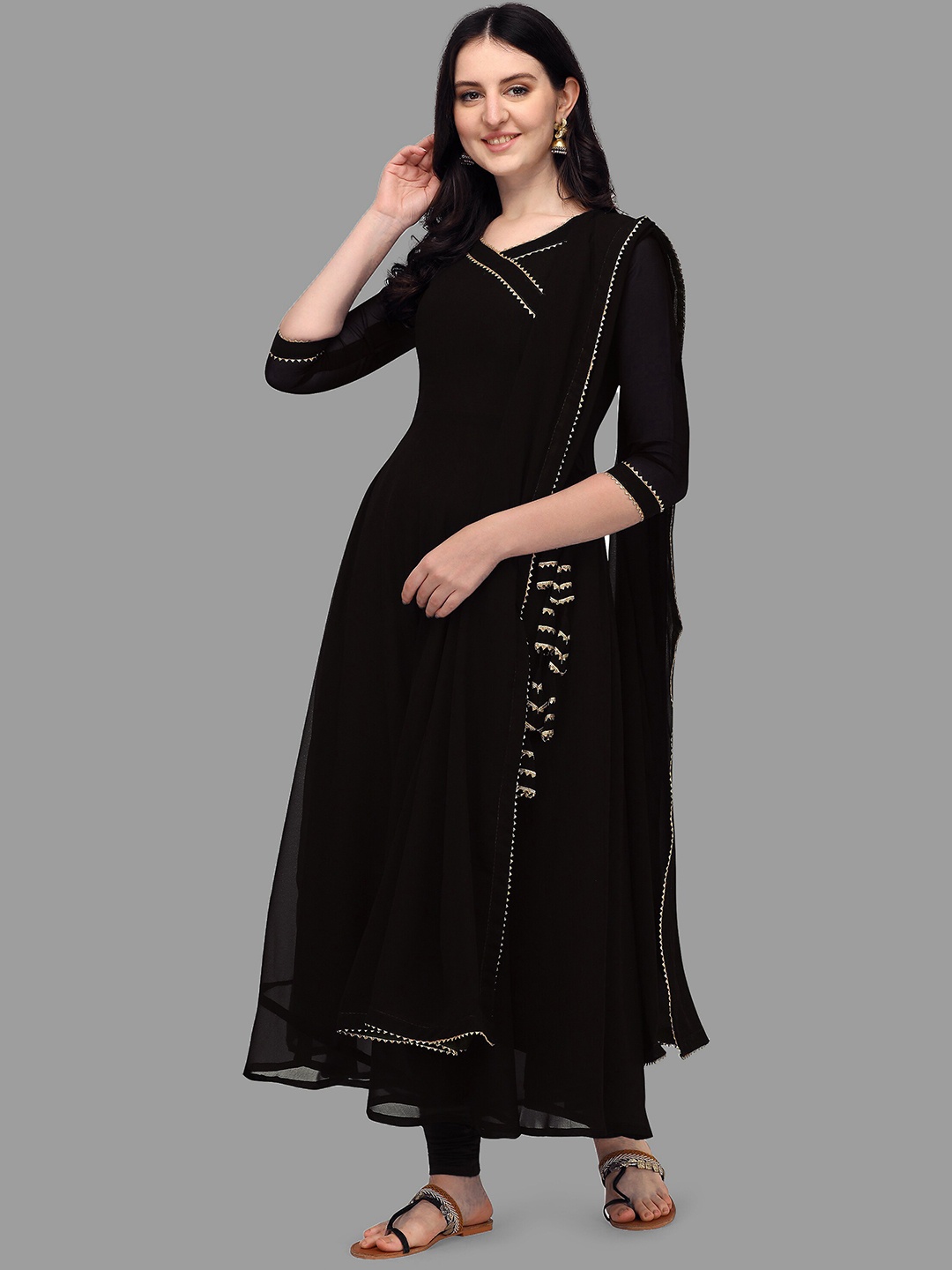 

PMD Fashion V-Neck Gotta Patti Anarkali Kurta with Dupatta, Black